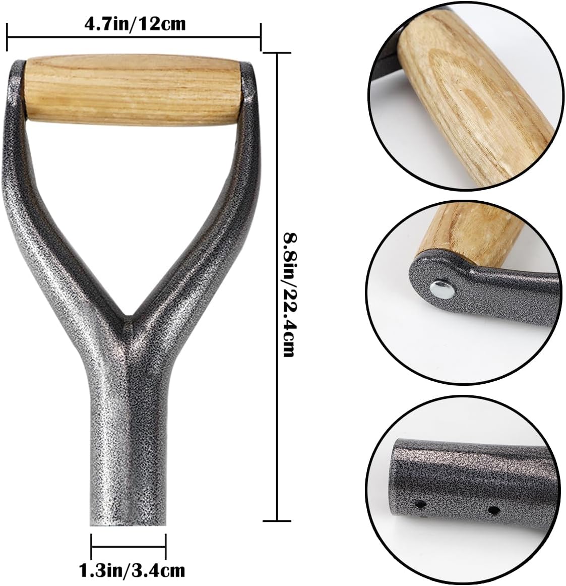 Shovel Y Grip Handle 3.1cm Inner Diameter Metal Shovel Replacement Handles Garden Accessories Handles with Wooden Grip for Digging Raking Tool （Silver）