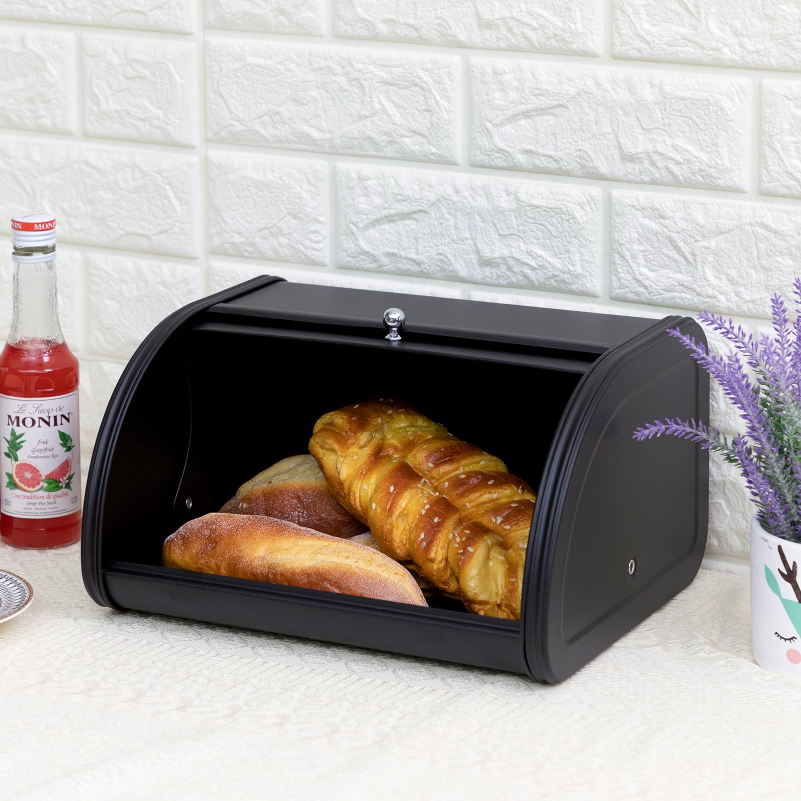 HollyHOME Brotkasten Brotaufbewahrungsbox, Metall-Brotkästen für die Küche, Brotaufbewahrungsbehälter mit aufrollbarem, brotbox einfach zu verstauendem Brotkastenhalterdeckel, Schwarz