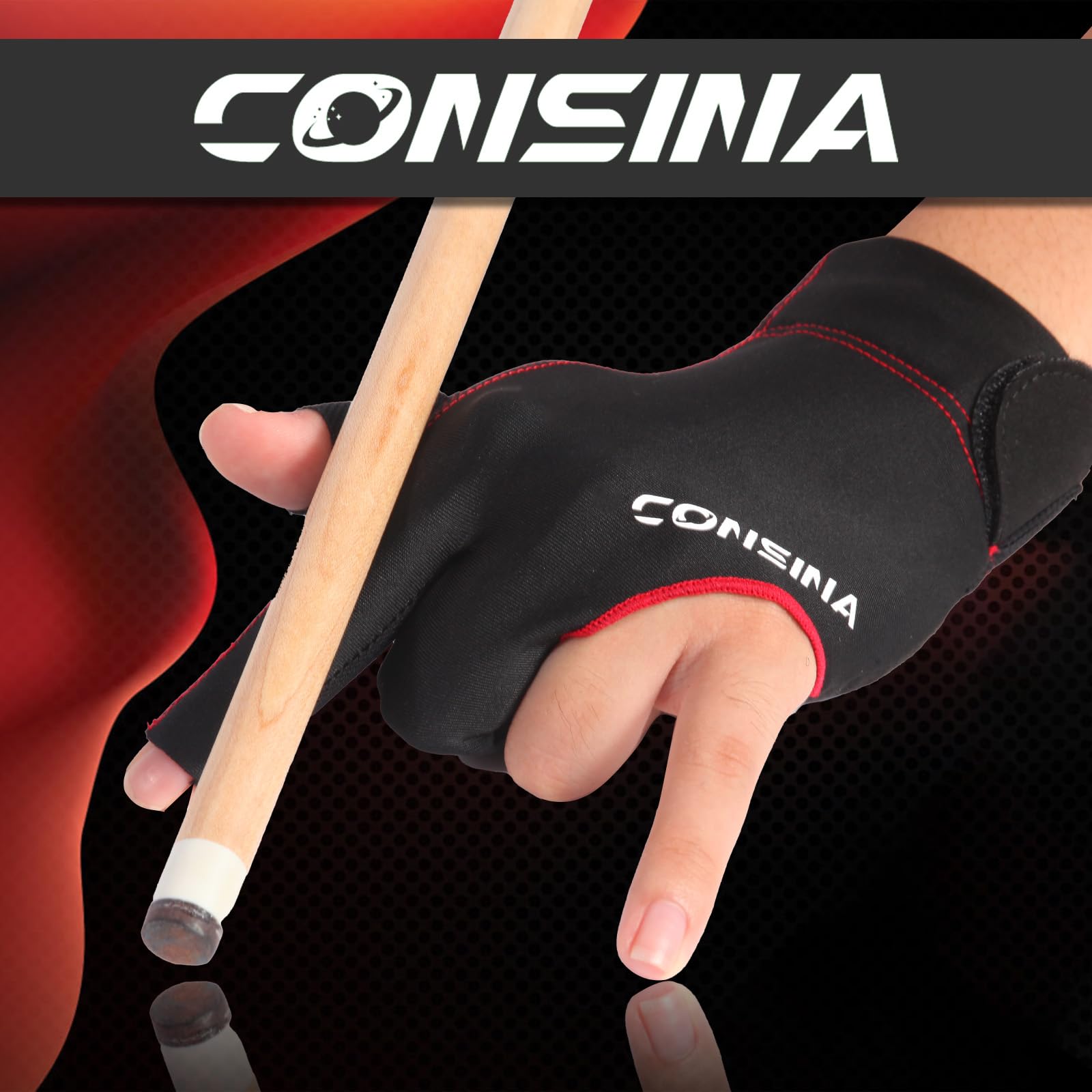 Consina Billiard Pool Gloves for Left Hand 3 Finger, Snooker Cue Sport Glove Popular Sizes for Men & Women, Passion Red, Quick-Dry Breathable