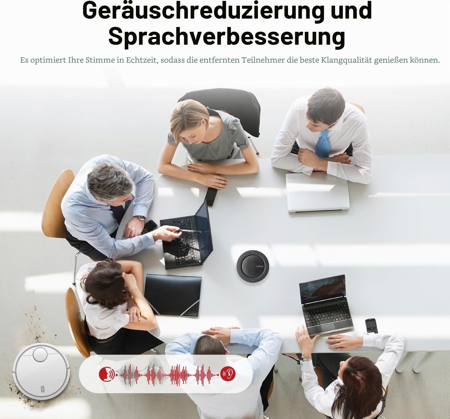 Conference Speakerphone, Daisy Chain bis zu 9 Speakerphones für 50 Person, USB & Bluetooth Speaker mit 4 Mics AI Noise Cancellation 360° Voice Pickup für Zoom,Teams,Conference Call Large Meeting Room