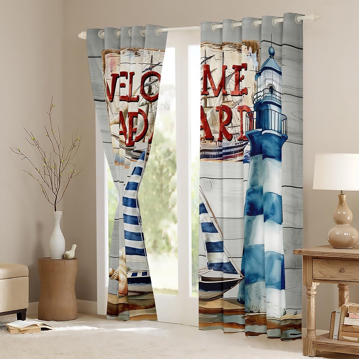 Tende nautiche costiere 66 x 90 L, navigazione, barca a vela, faro, spiaggia, conchiglie, finestre, blocca il 30% -50% della luce, rustica fattoria bordo in legno passacavo trattamento
