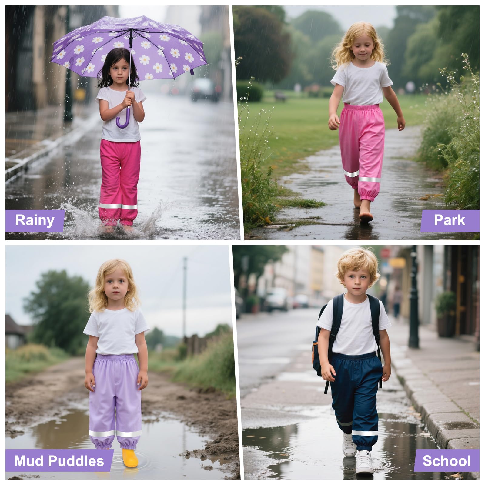 Pantalon Impermeable Niñas Niños Pantalones de Lluvia Ligeros Transpirables Pantalón Barro con Tiras Reflectantes sin Forro Peto de Lluvia Exterior Ciclismo Escuela para Infantil 1-10 años
