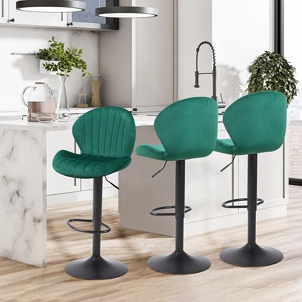 Youhauchair Modern Bar Stools Set of 3, Velvet Height Adjustable Swivel Barstools, Armless Kitchen Island Counter Chairs with Back & Footrest, Green