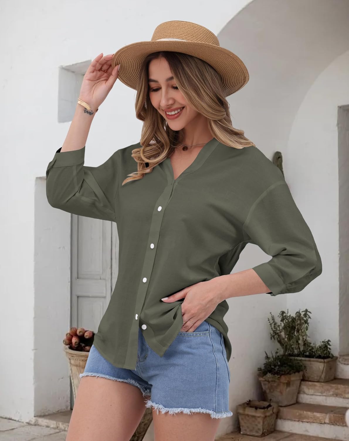 Womens Cotton Button Down Shirts 3/4 Sleeve Casual Loose Fit V Neck Stylish Breathable Summer Spring Blouses Top - Image 2