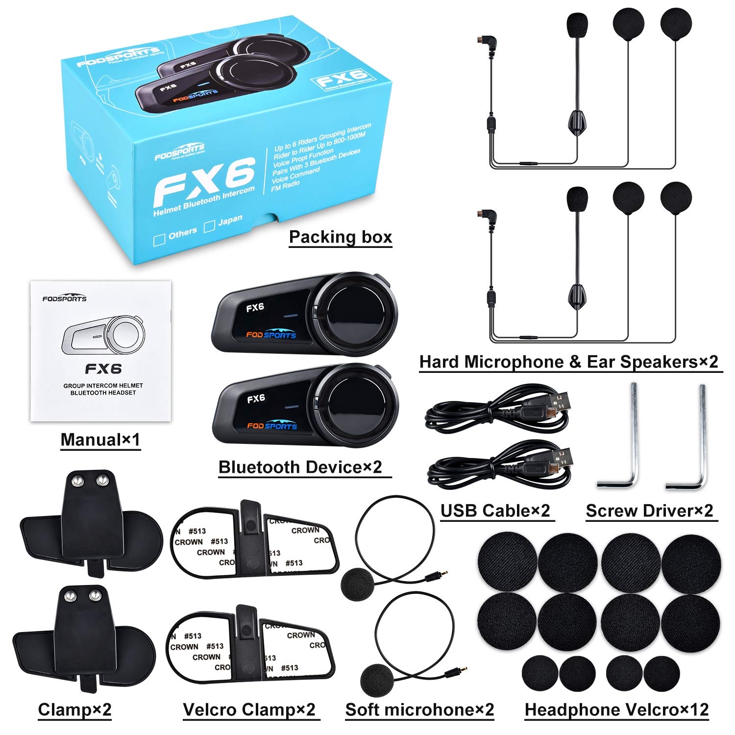 Fodsports FX6 Motorrad Bluetooth Headset 2 Packung, Motorradhelm Intercom mit 40mm HD Lautsprecher, Gegensprechanlage mit Mehrfache Rauschunterdrückung, Kommunikationssystem für 6 Fahrer mit 1000m