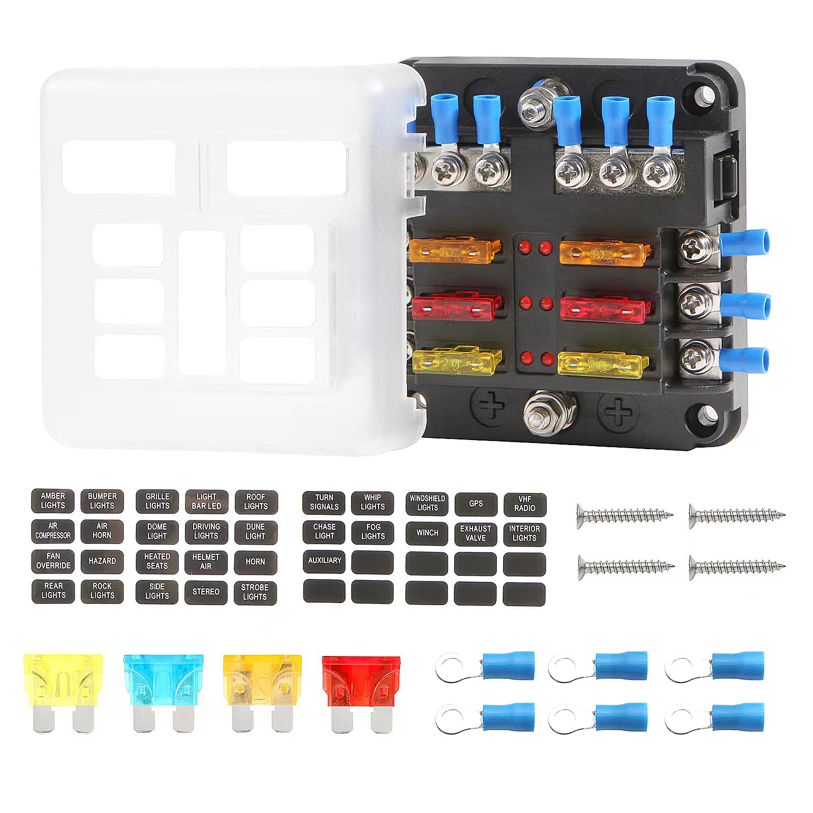 6 Way Fuse Block with Negative Bus Waterproof Fuse Panel for 12-24V Automotive Marine Boat Truck RV Camper Included 12Pcs Fuses