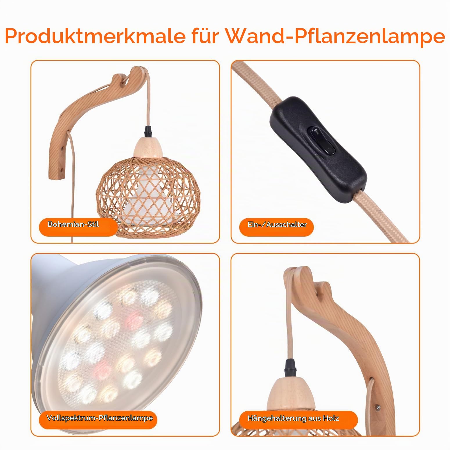 Bstrip Wand-Pflanzenlampe mit Boho-Rattanschirm, 18W, 3800K