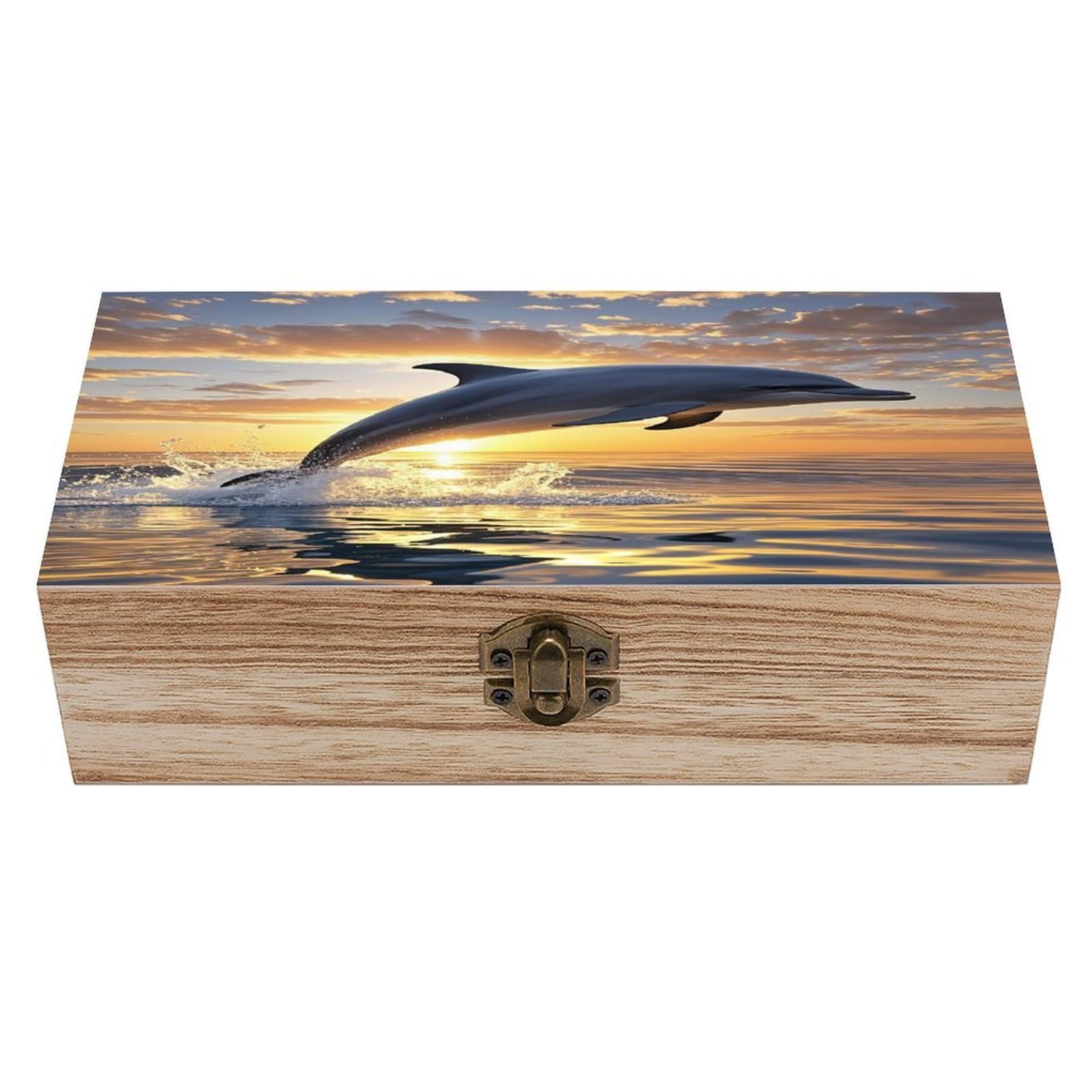 FekiLoot Dolphins Jumping Out of The Water at Sunset Wooden Storage Box Exquisite Wood Keepsake Box Vintage Wooden Gift Jewelry Case for Crafts And Photo Storage Boxes