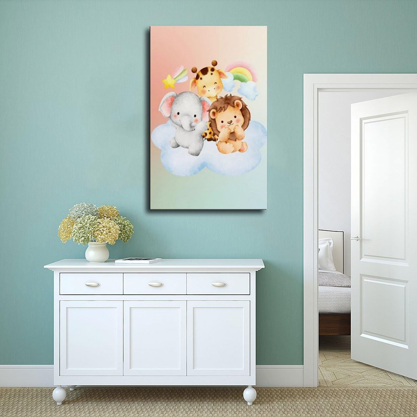 Elefanti, leoni, giraffe, una camera dei bambini a tema giungla in un parco naturalistico. Poster su tela per camera da letto, decorazione per ufficio, camera da letto, regalo, 61 cm L x 91,4 cm W