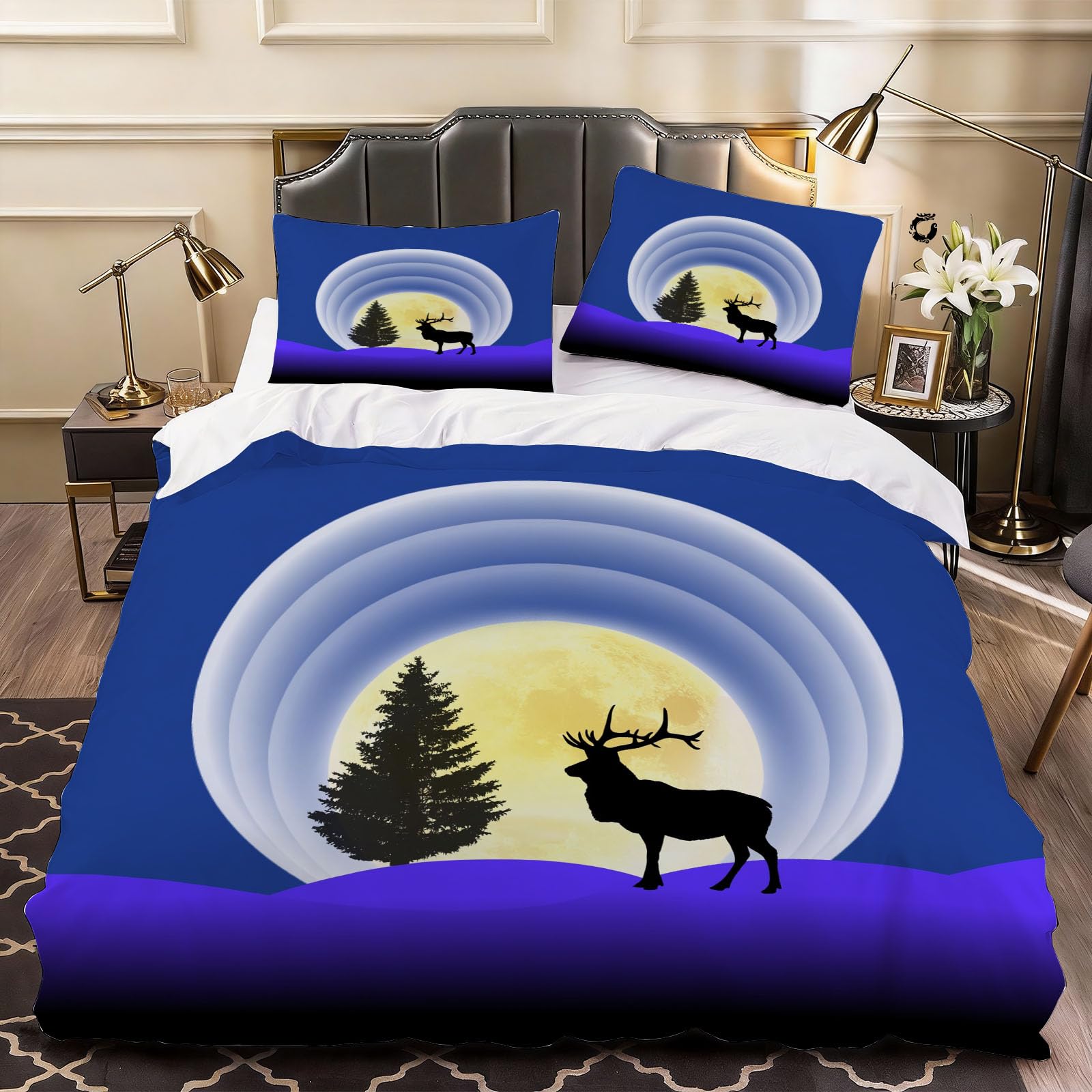 3D Deer Silhouette Duvet Cover Moon Bedding Double Bed Set, Soft Microfiber Comforter Cover Printed with Zipper Closure Quilt Coverr 200x200 cm and 2 Pillowcases
