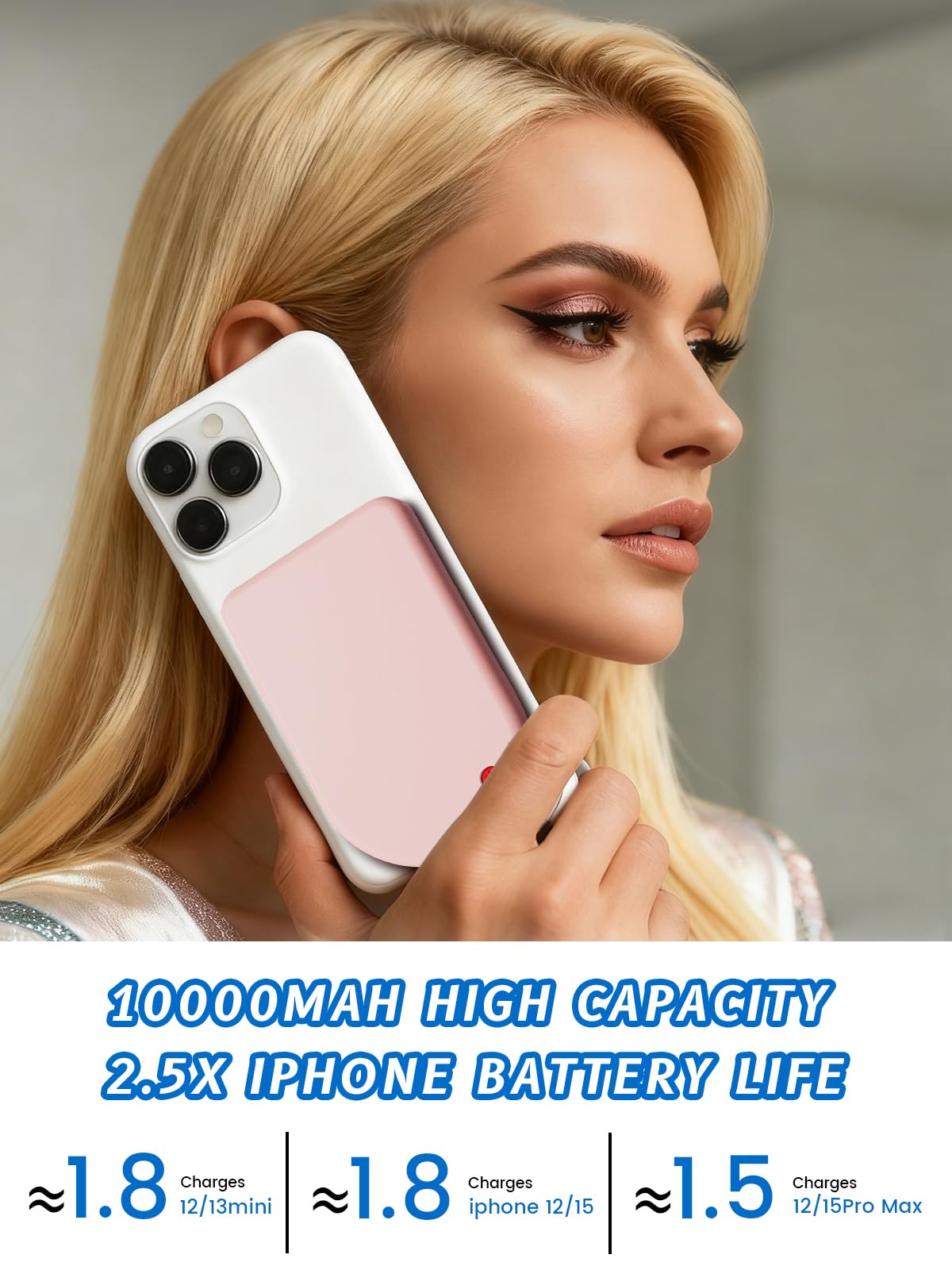 Cargador portátil magnético, cable USB-C inalámbrico de 10000 mAh, batería compatible con Magsafe, batería externa para iPhone 17/16/15/14/13/12, Android (rosa)