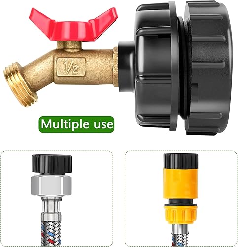 Miniatura 5 de IBC - Adaptador de bolsa de 275-330 galones a manguera de jardín con válvula de rosca fina de 2.44 pulgadas + grifo de manguera de latón + conector