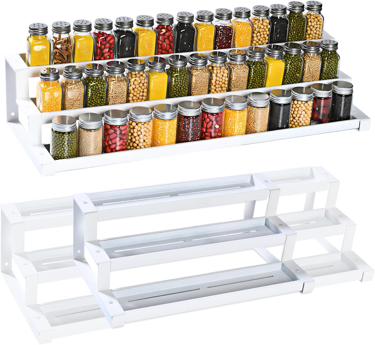 GOENDR Expandable Spice Rack(41-75 cm), 3 Tiered Spice Organiser for Inside Cupboard, Wall-Mountable Seasoning Organizer, Large Spice Jars Rack for Kitchen, Countertop, Pantry, Bathroom, White