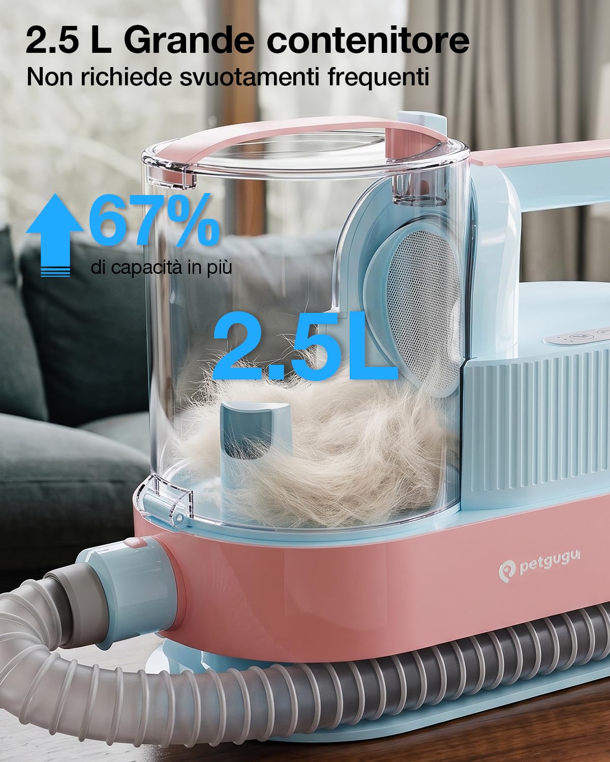 PETGUGU Tosatrice per Cani e Gatti con Aspirazione, Kit Toelettatura 7-in-1, 11000Pa, Contenitore 2,5L, Silenzioso ≤62dB, Funzione Asciugatura 45–55°C, 3 Livelli, M1 Pro