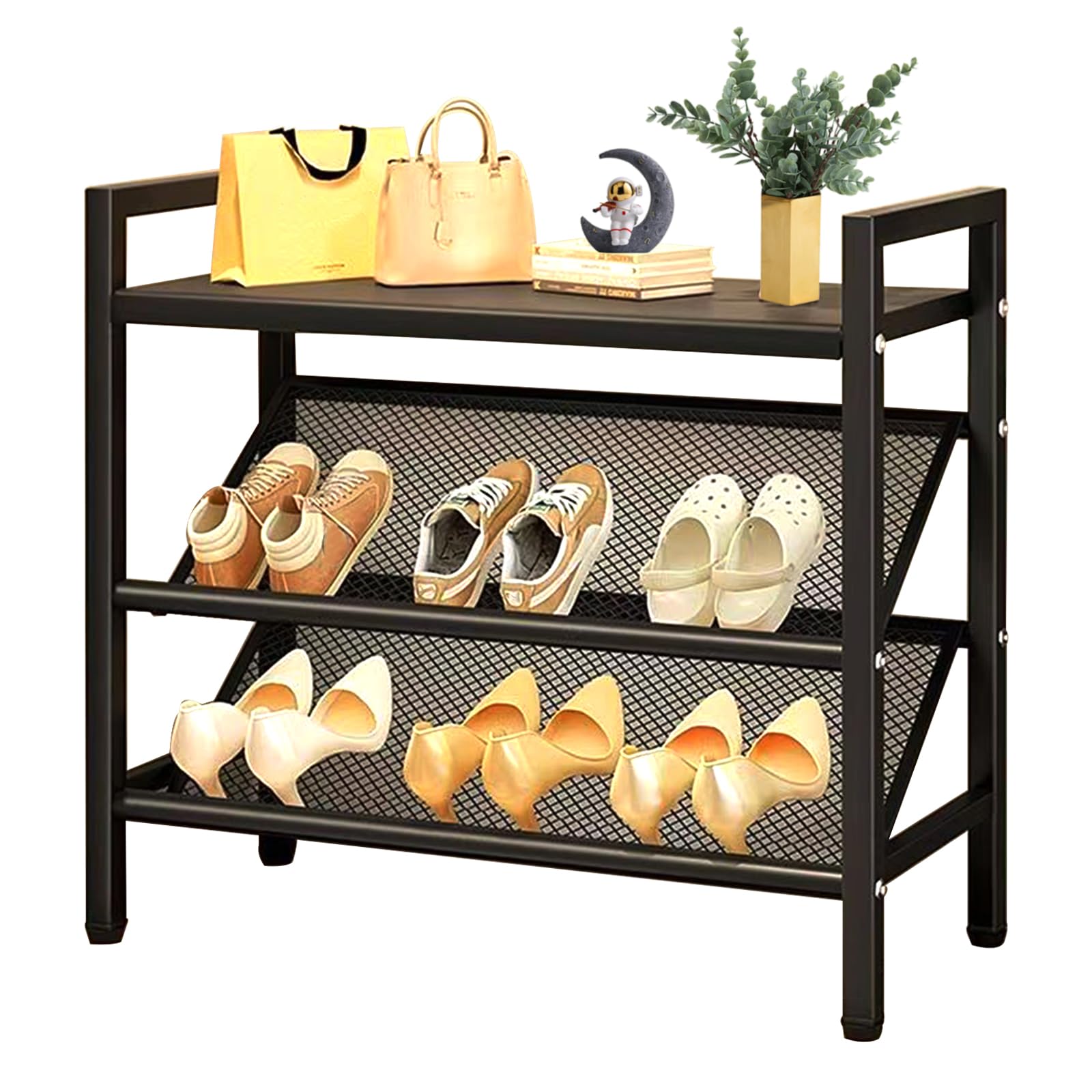 Kompaktes Schuhregal, Schrägtes 3 Ebenen, Schuhschrank Schmal, Schuhständer aus Metall, Schuhaufbewahrung, Schuh-Organizer, Platzsparend, für Eingangsbereich, Garderobe, Flur, Wohnzimmer, Schwarz