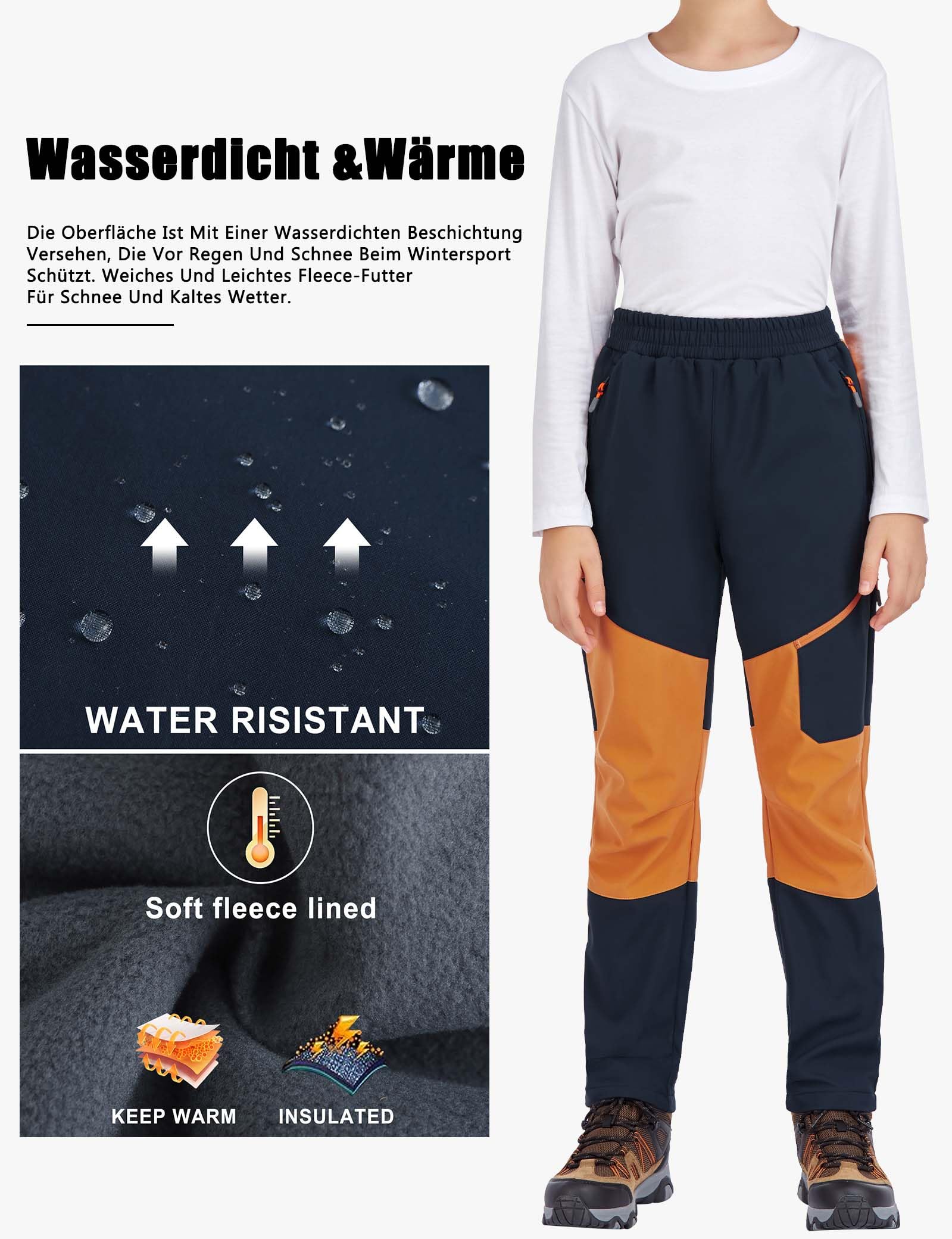Pantaloni Impermeabili della Neve del Ragazzo Youth Fleece Lind Hiking Softshell Caldo Isolato Pantaloni-Navy Blue+Orange-146-152