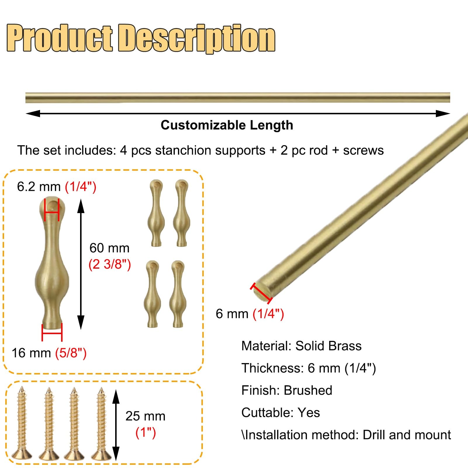 Generico Pezzi in Ottone da 61" per mensole da Cucina, Protezioni anticaduta per mensole in Legno, Misura Regolabile da 24 a 48", Finitura caffè Chiaro, Soluzione di stoccaggio Elegante