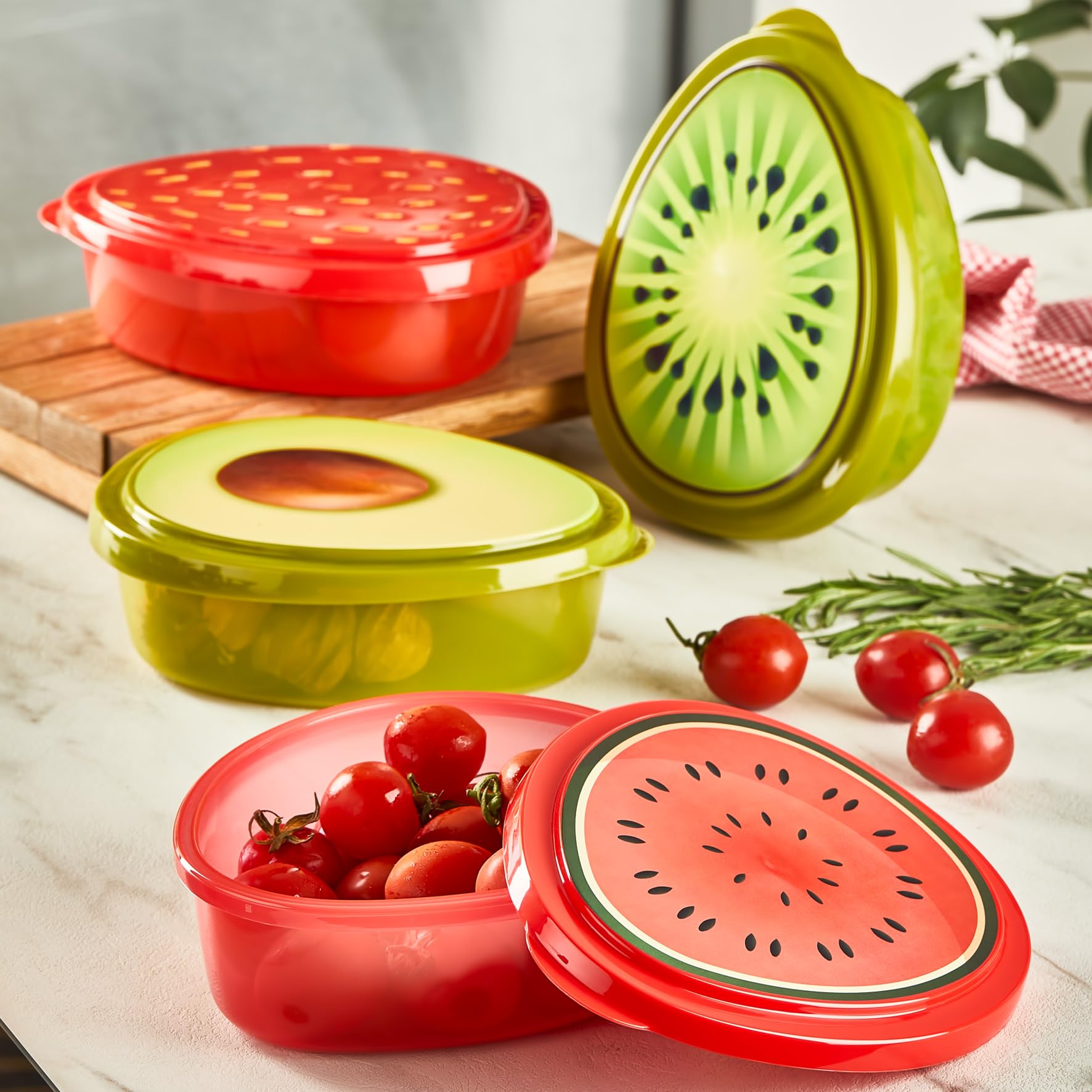 Contenedores de almacenamiento de alimentos con temática de frutas, juego de 4 piezas de plástico sin BPA, diseños de aguacate, kiwi, sandía y fresa, cajas a prueba de fugas de 800 ml para aperitivos,