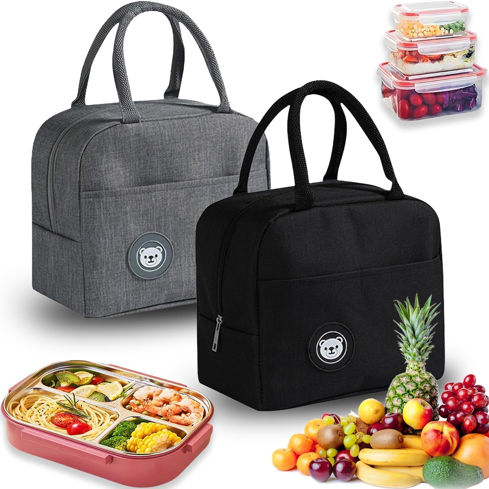 Pddenality 2 Pcs Lunch Bags for Women, Lunch Bag for Men Tote, Black and Grey Cool Bag Small, Simple and Durable Suitable for use in Schools Offices and Outdoor Camping