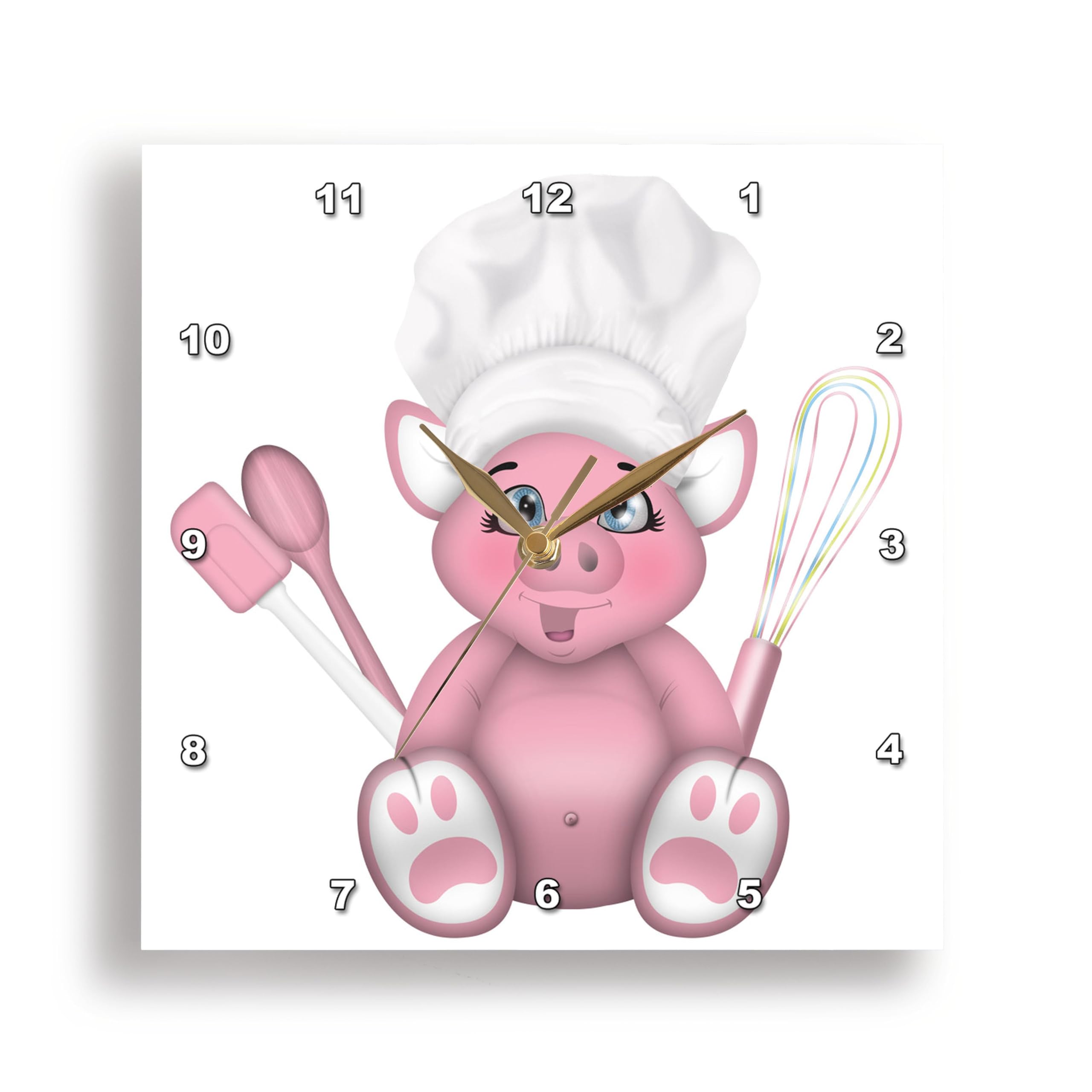 3dRose Wall Clock Silent - 15 inch - Cute Pink Chef Pig with A Spatula, Spoon, and Whisk Illustration - Cute Illustrations