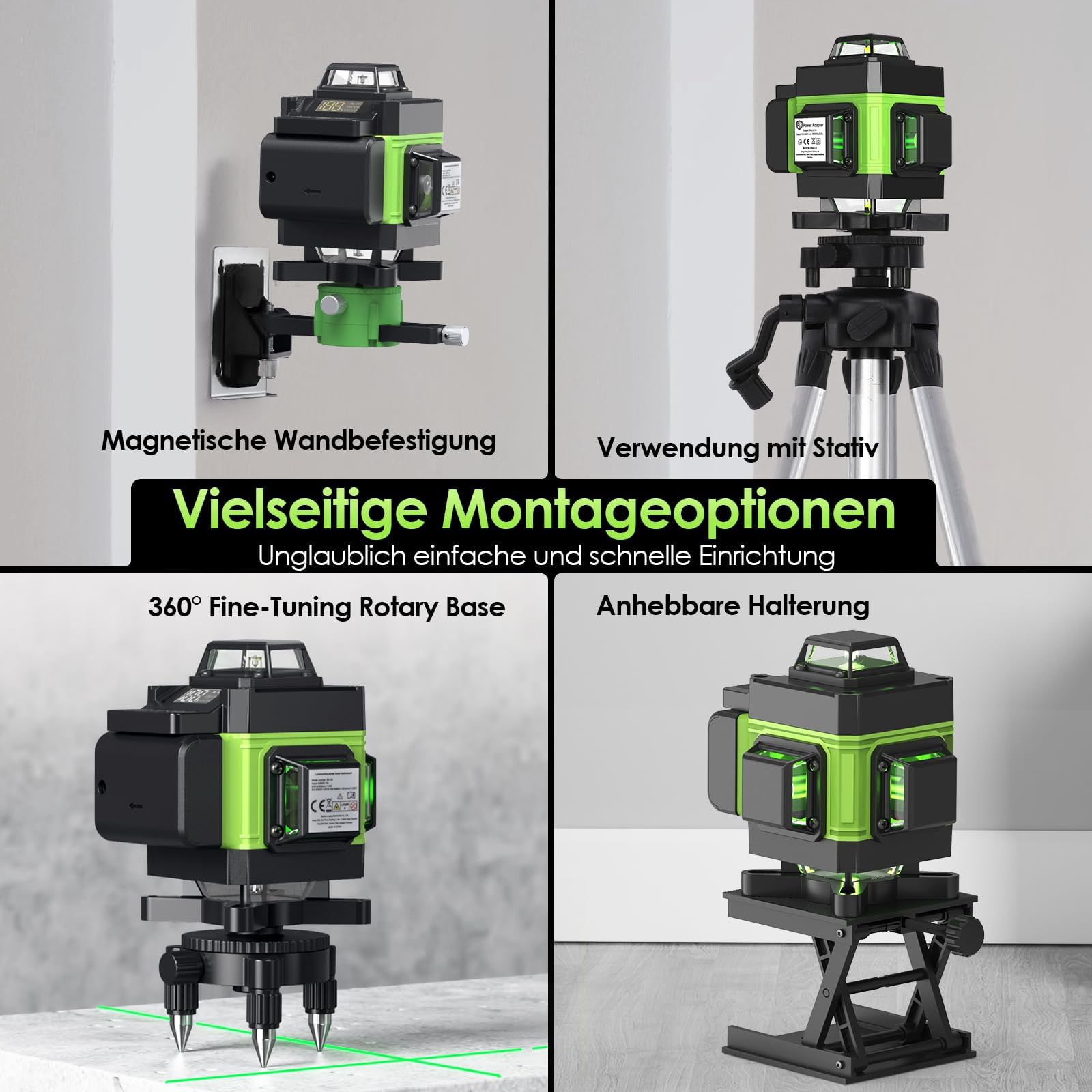 Laser A Linee Incrociate 4D 360° | 16 Linee, Autolivellante, Con Treppiede, Batteria 3600mAh, Verde - Foto 13
