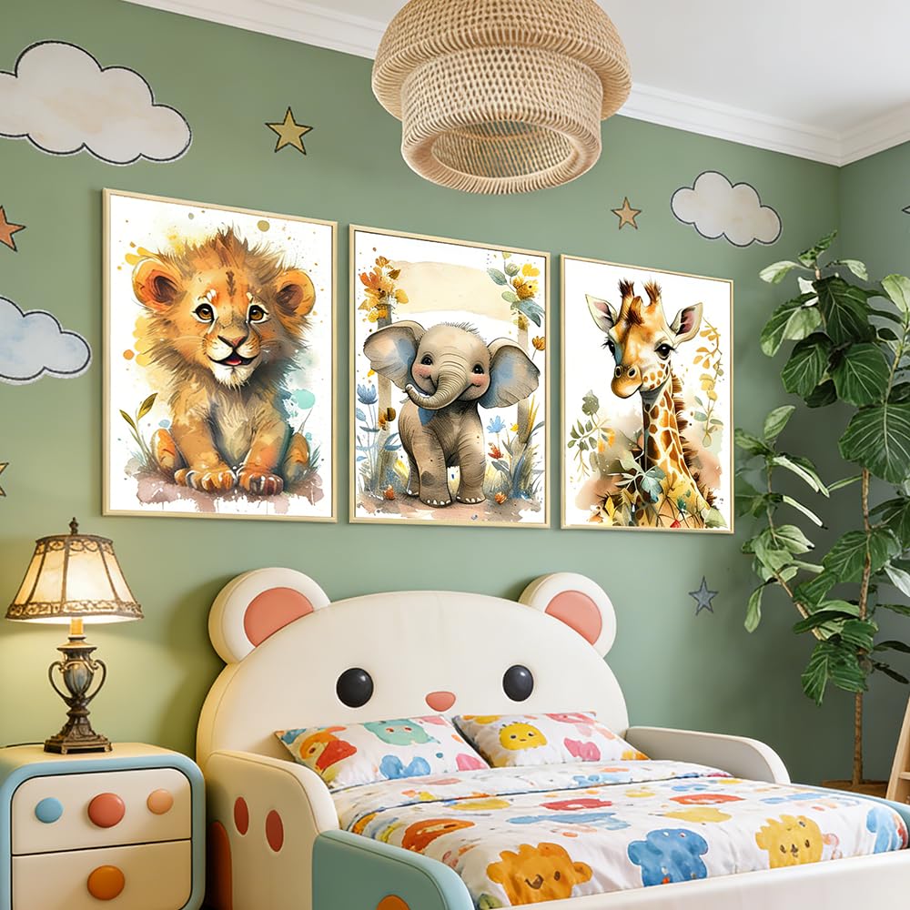 BeiYiHo 3 Affiche Animaux Chambre Bebe Tableau Jungle Chambre Enfant Savane Decoration Murale Garçon Beige 40X50 Poster Elephant Lion Girafe Deco sans Cadre (BYCH074-40x50)