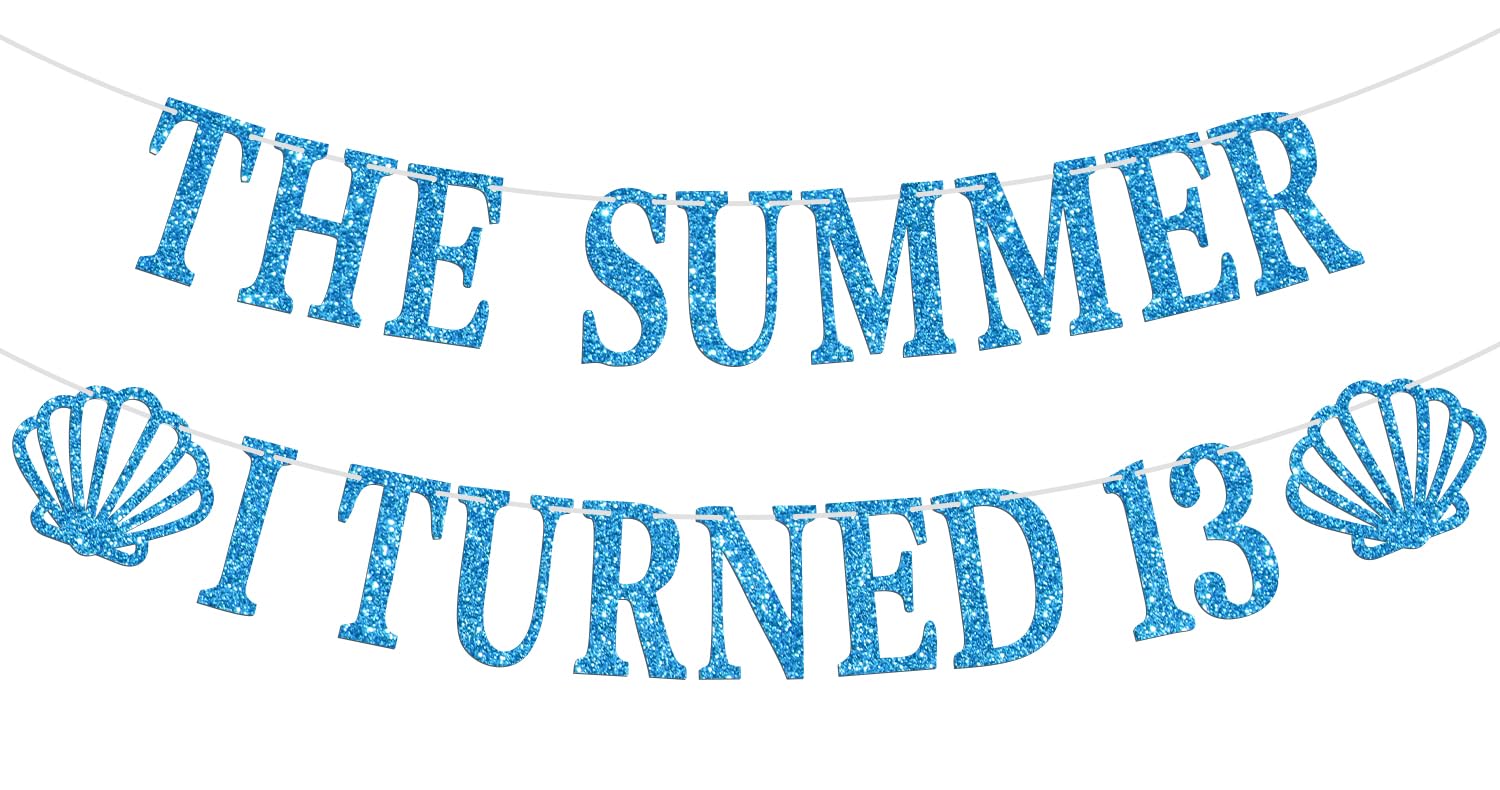 The Summer I Turned 13 Banner, Bruh I’m 13/Official Teenager, Summer Beach Theme 13th Birthday Party Decorations Supplies Blue Glitter