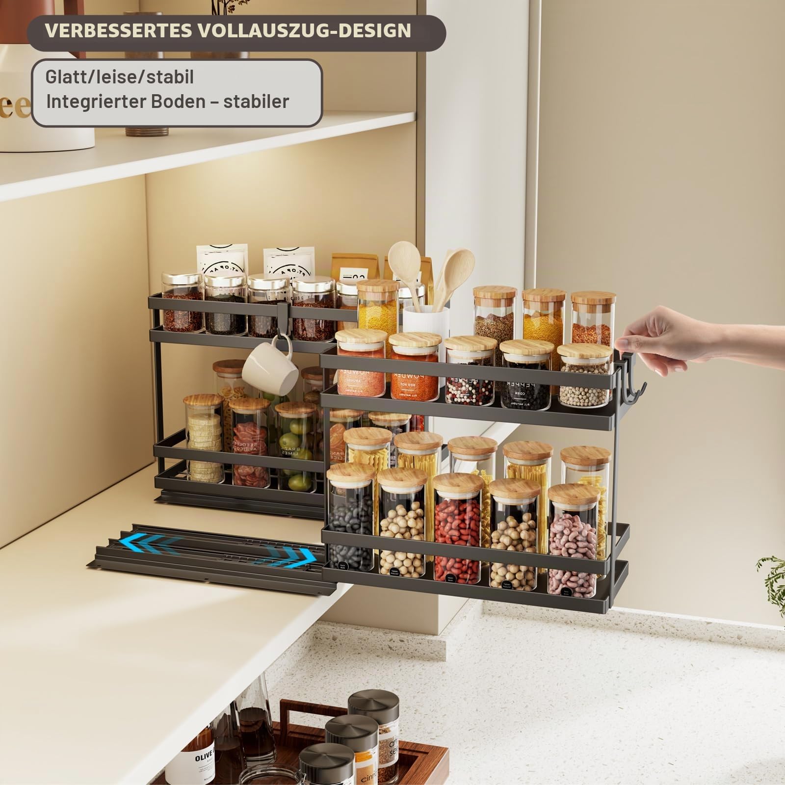 Magheo 2 Stück Gewürzregal Ausziehbar, Metall Gewürz Organizer Schrank, 2 Etagen Herausziehen Gewürzregal Stehend, Kleines Gewürzregals Ohne Bohren Innenschrank Küchen Spice Rack Pull Out (Schwarz)