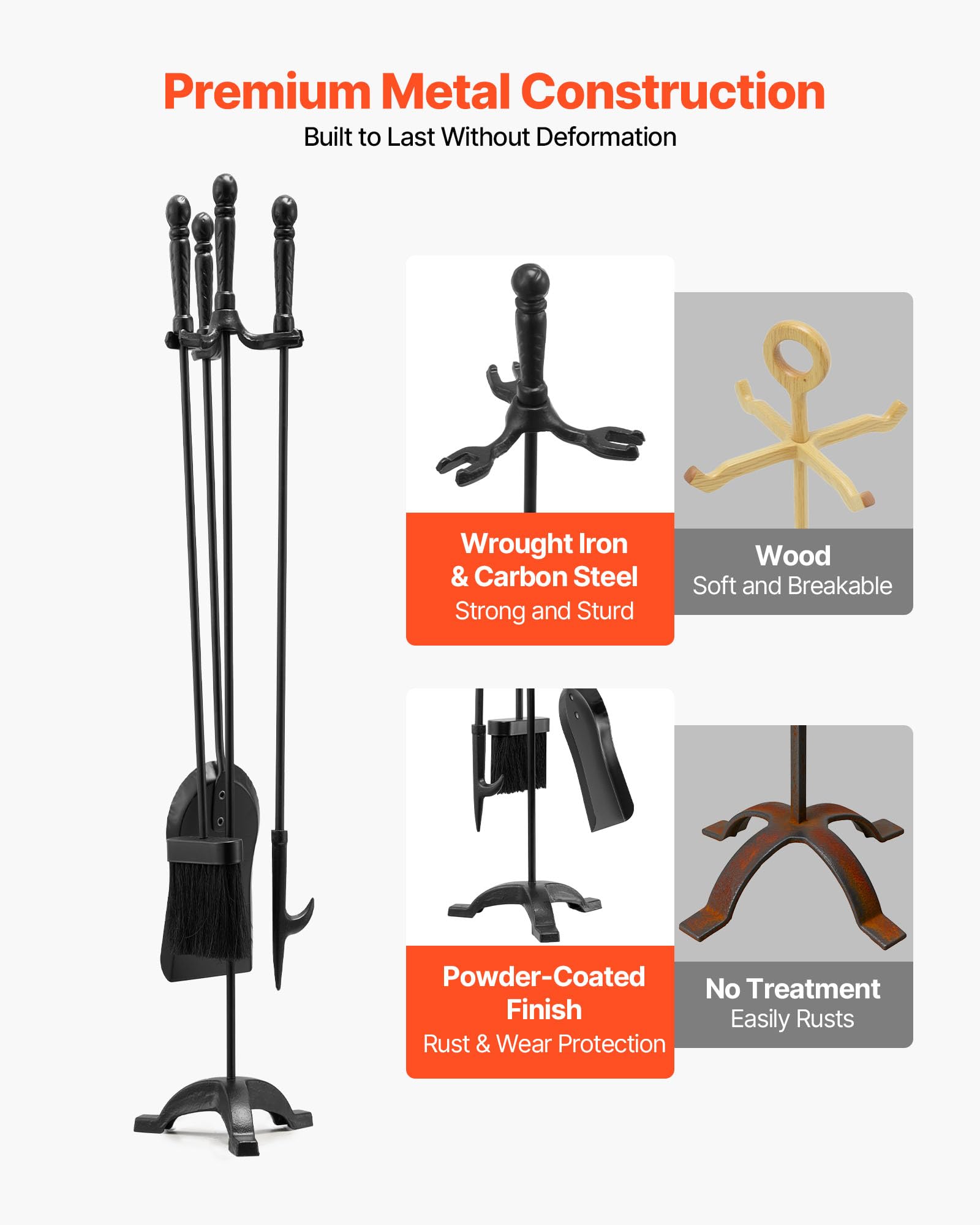 VEVOR Kaminbesteck-Set, 4-teiliges Ofenbesteck-Set, inkl. dreizackiges Ständers, Ascheschaufel, Bürste, Schürhakens, Kaminzubehör aus Schmiedeeisen für Lagerfeuer drinnen/draußen, Schwarz
