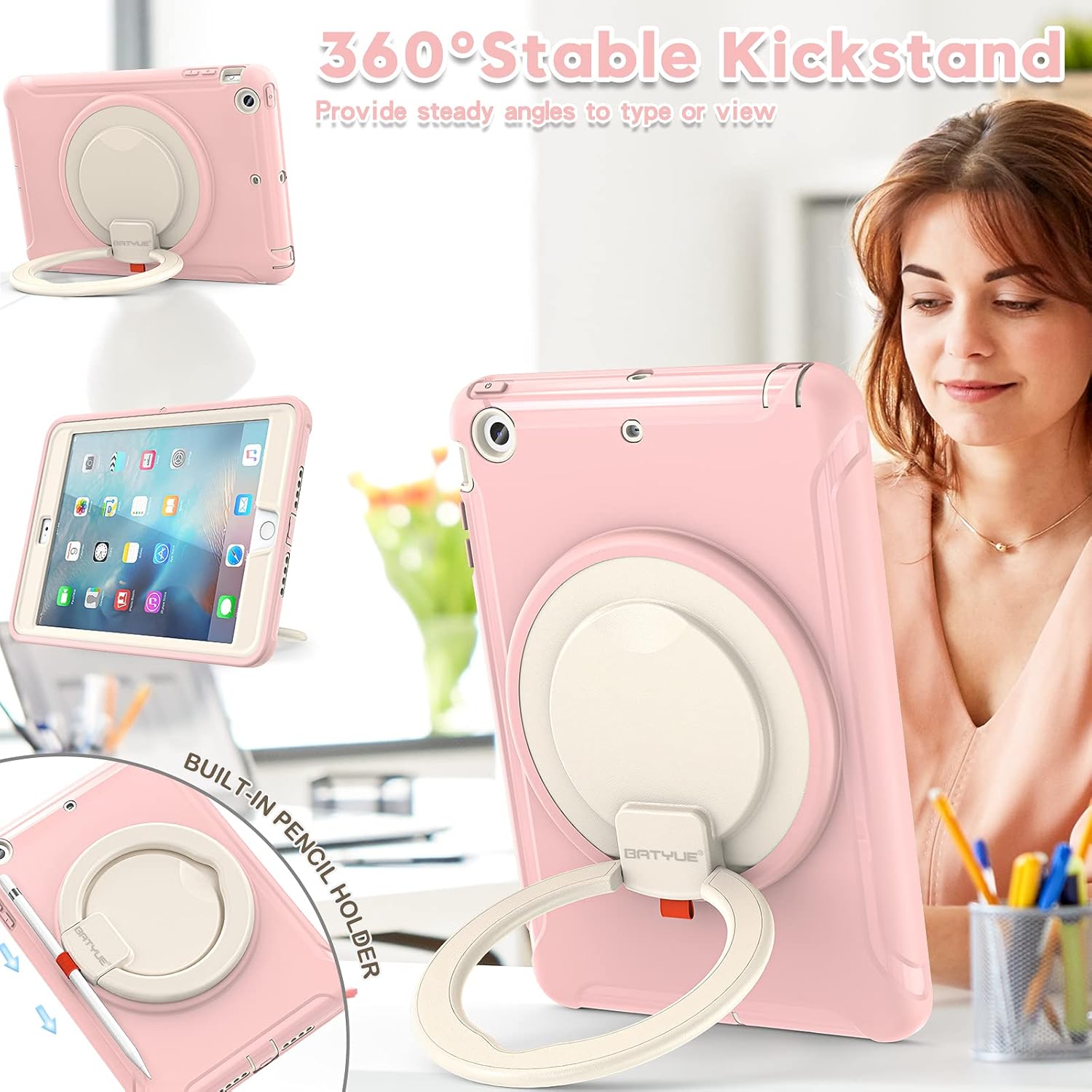 BATYUE iPad Mini Case for iPad Mini 1/2/3 Generation Heavy Duty Three Layer Hybrid TPU+PC Full-body Rugged Protective Case With Handle Grip/360° rotating stand for Kids Girls Boys Students(CheeryPink) Ring Kickstand (Cheery Pink)
