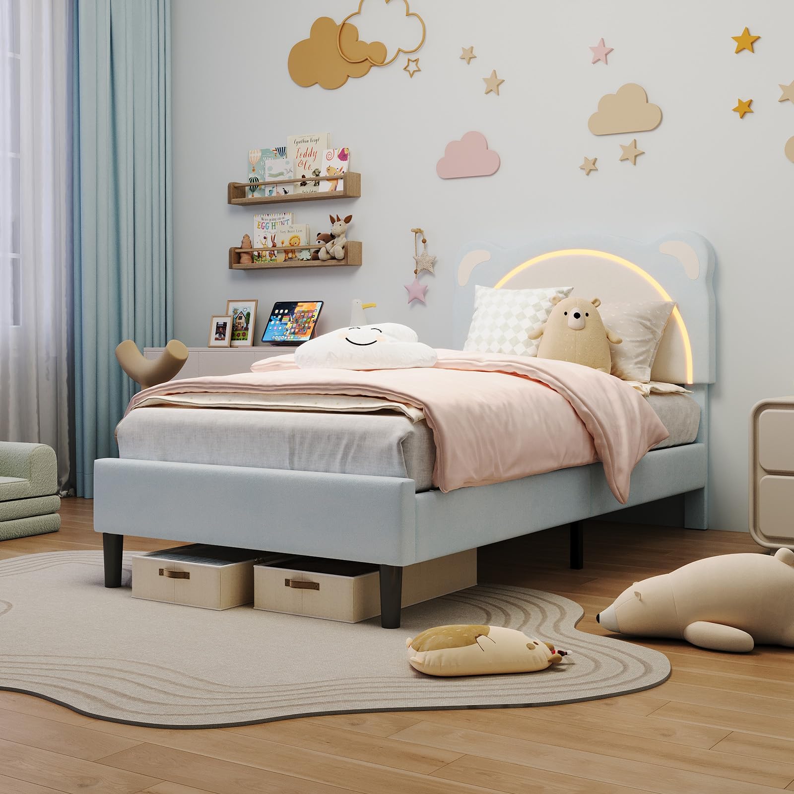 IDEALHOUSE Twin Size Bed Frame for Kids with LED Lights & Adjustable Headboard, Cute Bear Design, Soft Velvet Fabric, Solid Wood Slat Support,