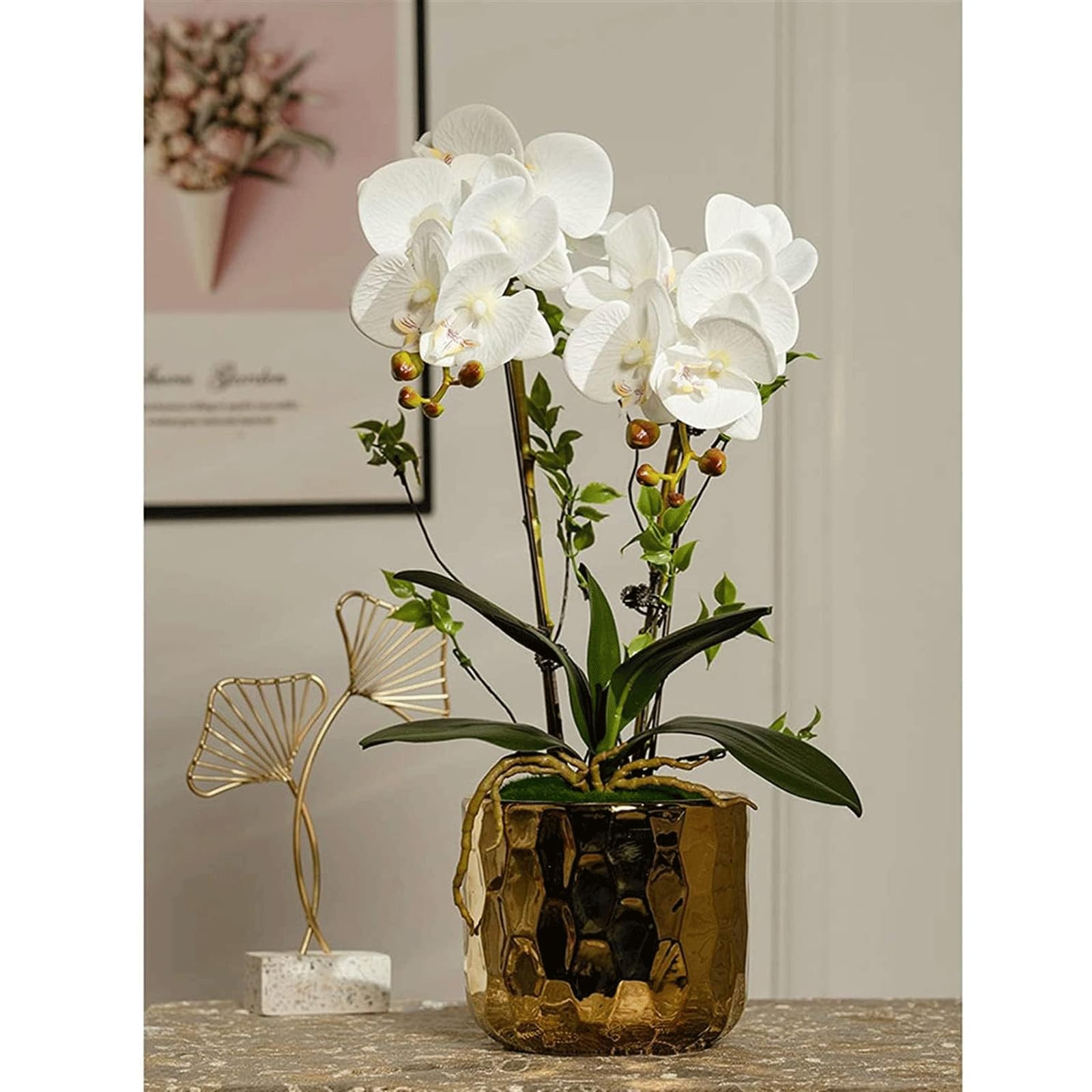 IUokLU Orchids Artificial 18.89 in Artificial Flowers in Gold Porcelain Pot Artificial Phalaenopsis Flowers Decor Artificial Orchid (White)