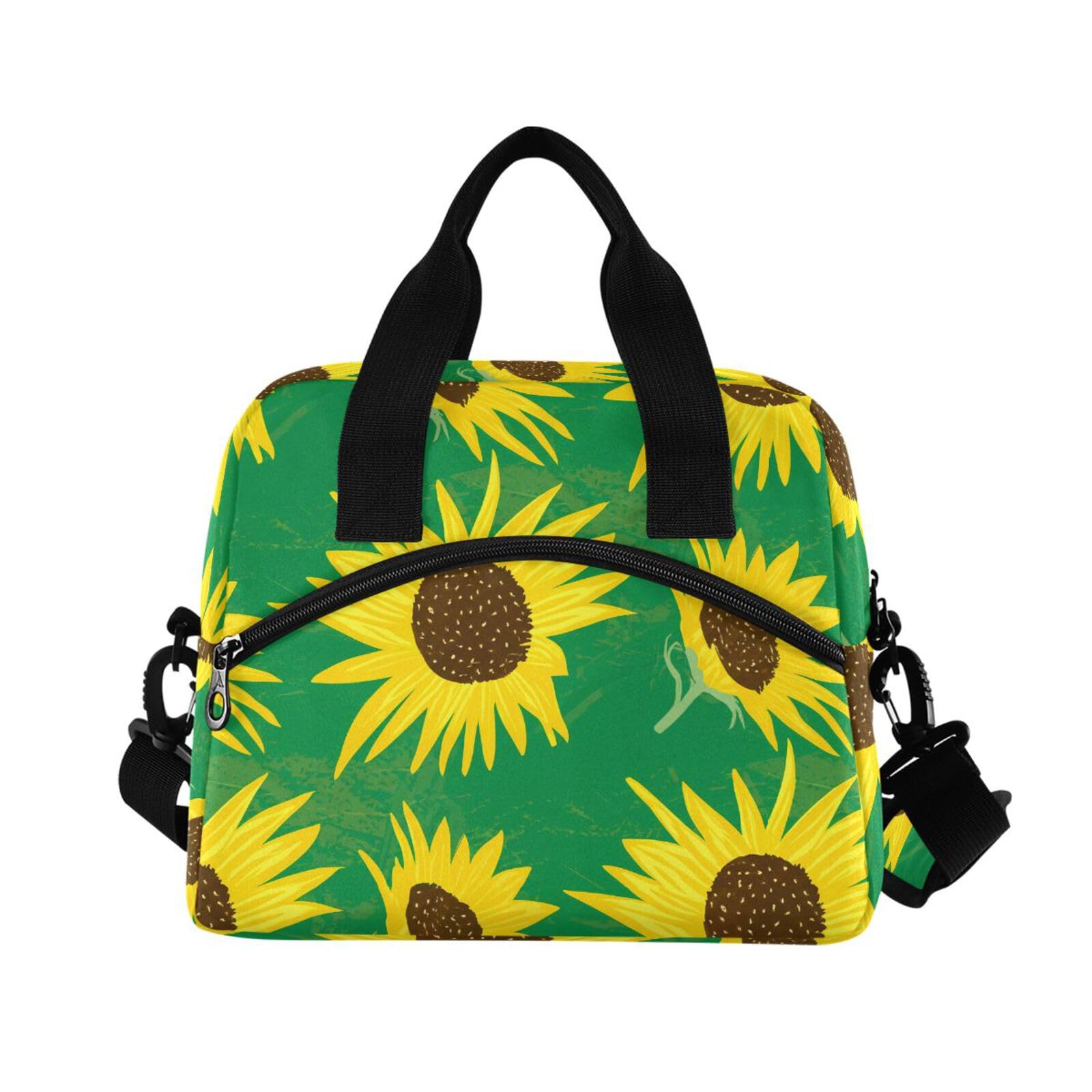 Insulated Lunch Bag Reusable Cooler Sunflower Blossom Green Lunch Box Adjustable Shoulder Strap for Men Women Adults