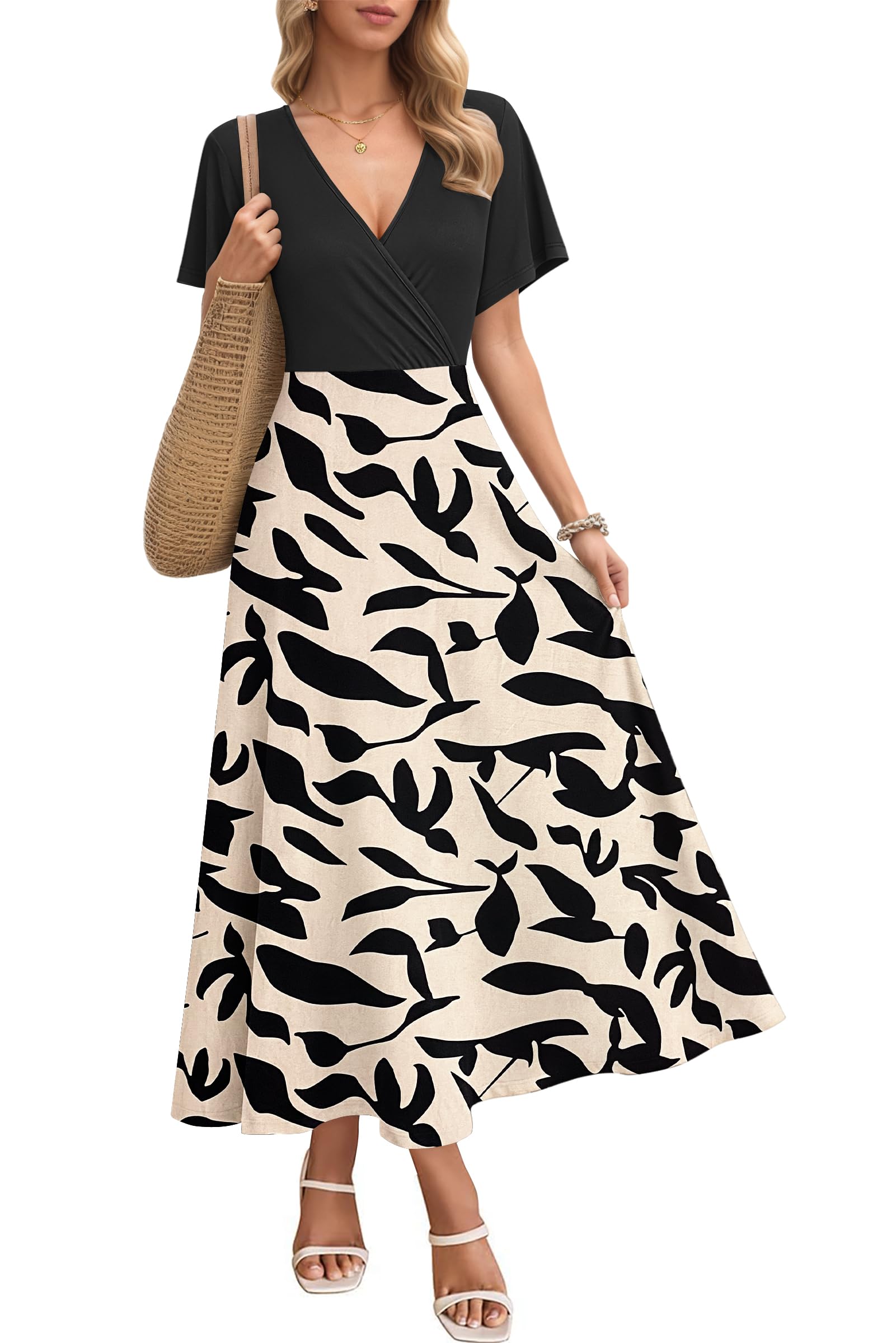 AUSELILY Maxikleider Damen Sommer Kleid Lässig Hohe Taille Lockere Passform Mit Taschen