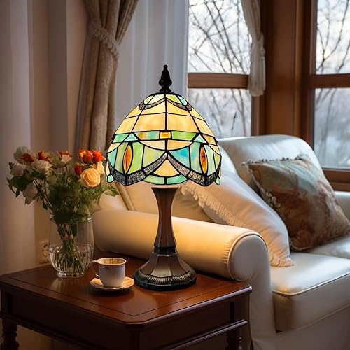 Miniatura 4 de Tiffany - Lámpara de mesa pequeña con vitrales, luz de mesa de estilo antiguo, lámpara de noche vintage para sala de estar, dormitorio, mesita de