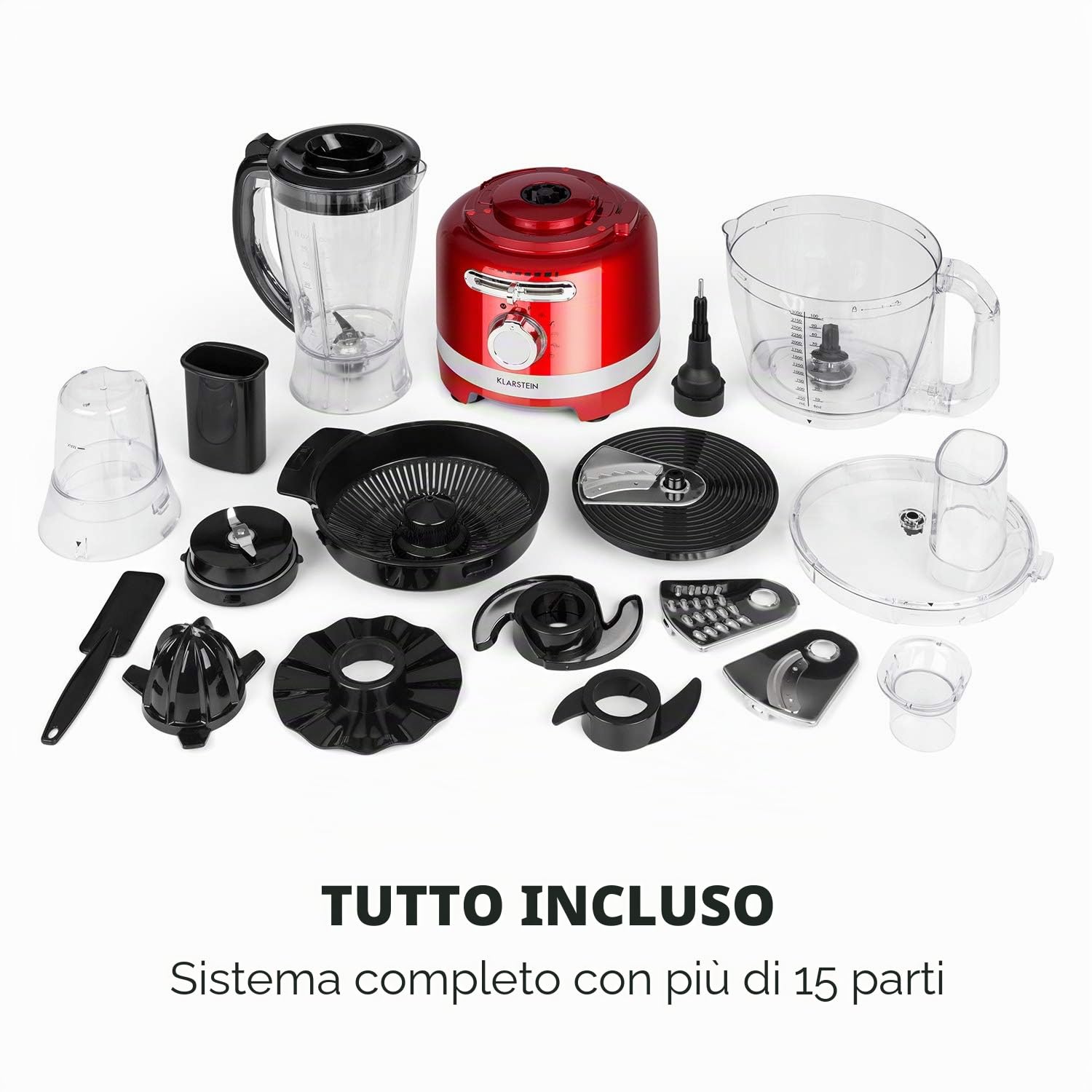 Klarstein Luca - Mixer Multifunzione, Food Processor, 1000 Watt, Regolazione Libera, 6 Modalità, Senza BPA, 3 L, Misurino da 3 l, Spatola, Rosso