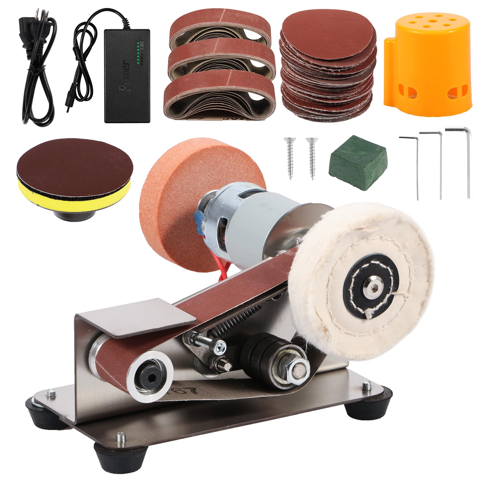 Mini Belt Sander, US 15 Degree Stainless Steel Electric Belt Grinder, 7 Adjustable Speed Electric Polishing Sanding Machine, Electric Belt Sander Sharpener Polishing Kit for Metal Jewelry