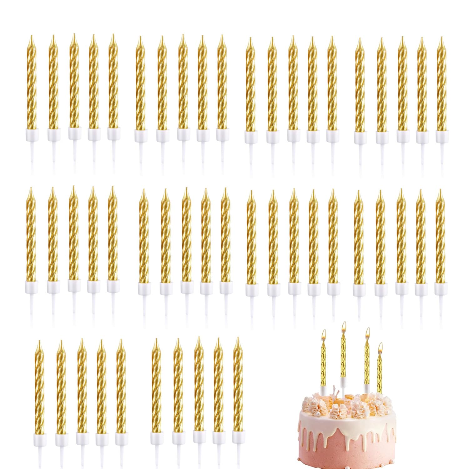 Jjiaolinin Gold 50 Pack Metallic Spiral Birthday Candles With Holders,Cake Candles For Wedding Party Decorations, Sparkler Candles For Birthday Cake Cupcake Baby Shower (Gold)