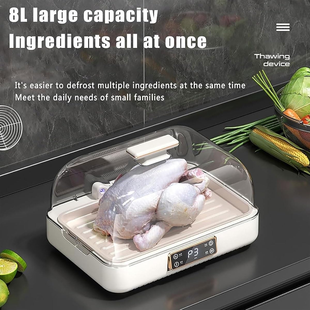 Tagliere elettrico per scongelare la carne da 8 litri, con regolazione a 3 velocità, ciclo di calore a 360°, temperatura costante per scongelare rapidamente gli alimenti surgelati a casa
