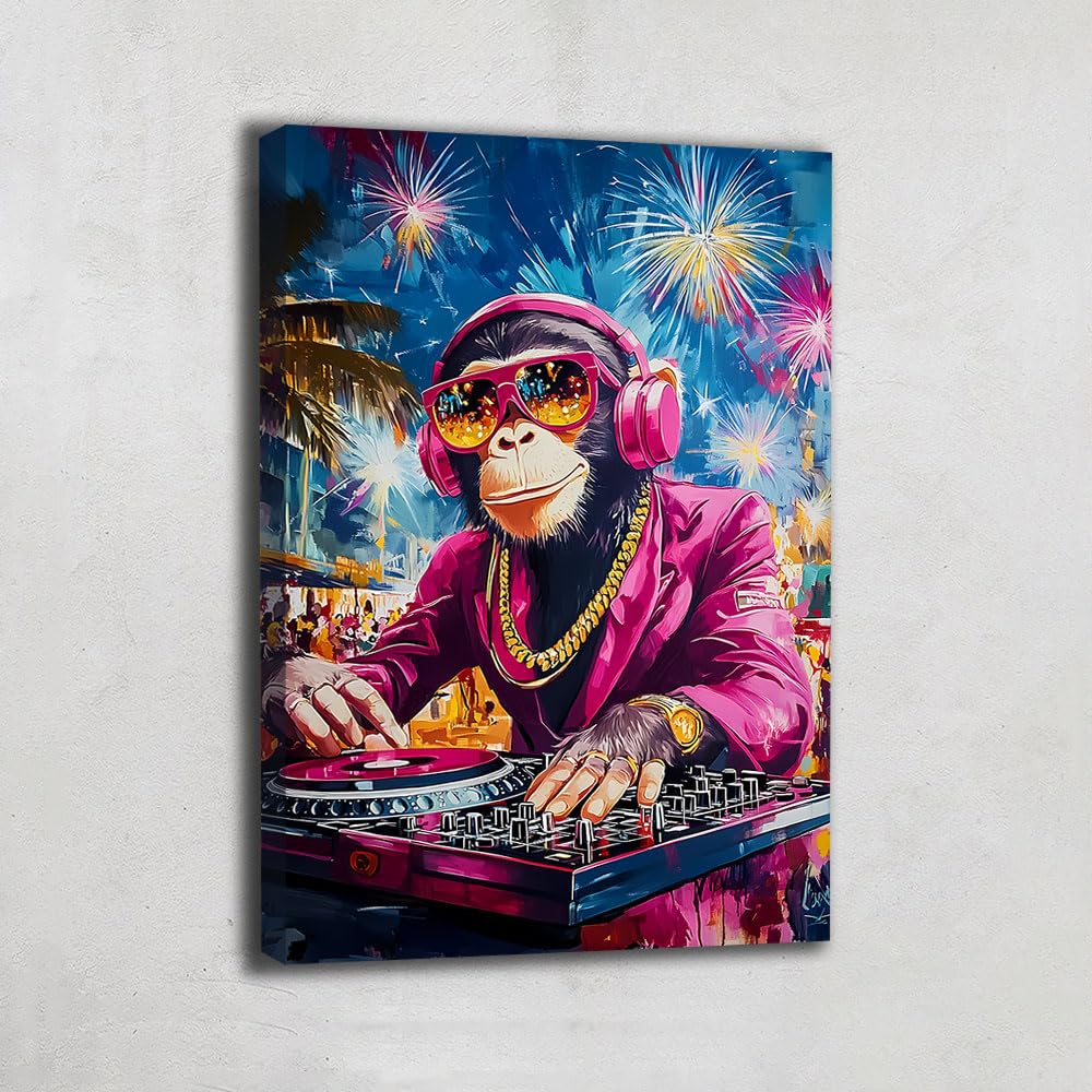 Quadro scimmia Dj - Poster decorativo murale umoristico - Stampa su tela Pop Art - Quadro Street Art di grande formato - Decorazione da parete con animali - Tela astratta moderna (80 x 60 cm)