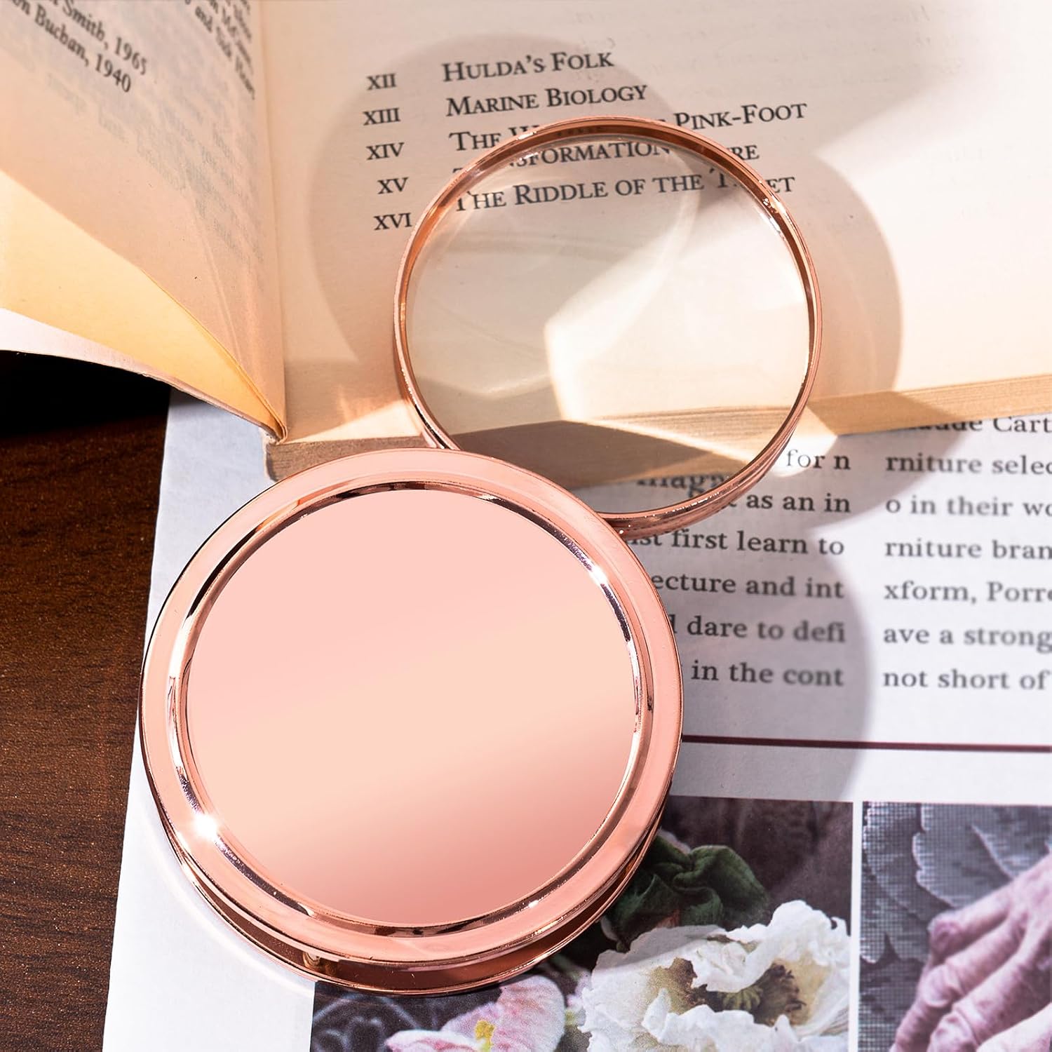 Portable Magnifier Foldable Round 9X Metal Magnifier with Metal Protective Case (Rose Gold)