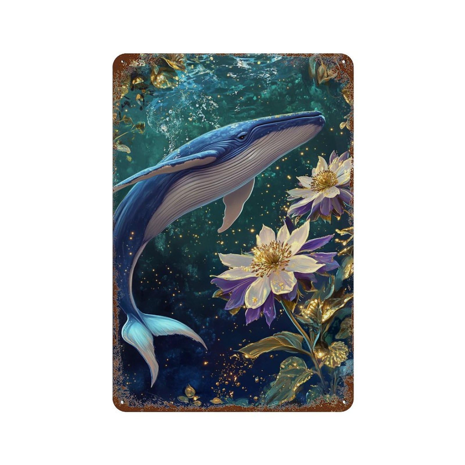 Whale And Enchanted Flowers Retro Metal Sign 11.8"x7.9", Old School Wall Decor for Garage, Bar And Workshop Decor