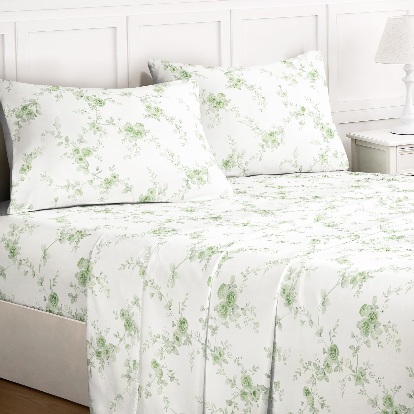 Wake In Cloud - Floral Bed Sheets 4-Piece Sheet Set Flower Shabby Chic Rose Pattern Printed Coquette Cottagecore