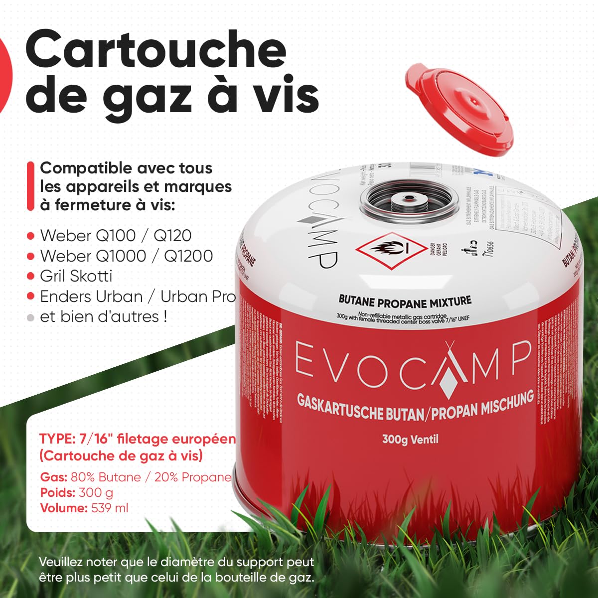 EVOCAMP 10X Cartouches de gaz Propane Butane 300g, Valve à vis avec Filetage européen 7/16", Cartouches à Valve 539ml avec Fermeture de sécurité Automatique