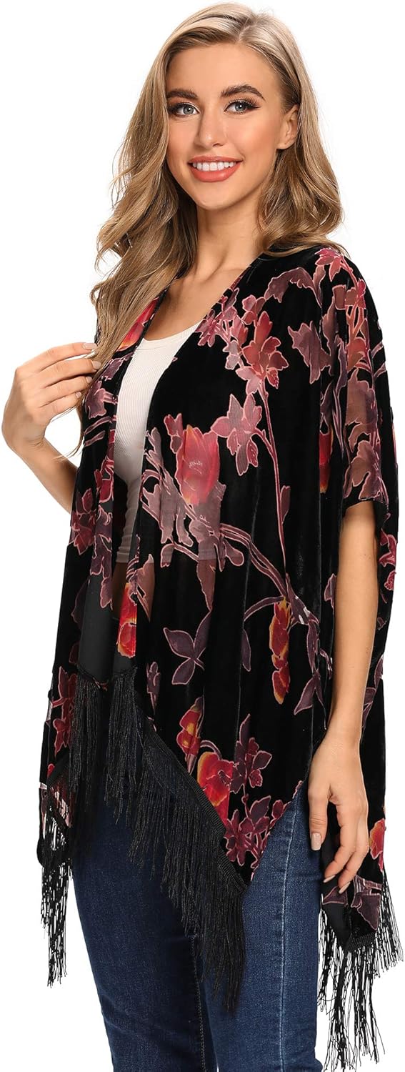 MJ SERECA Women's Burnout Velvet Kimono Cardigan Cover Up with Tassel - Image 3