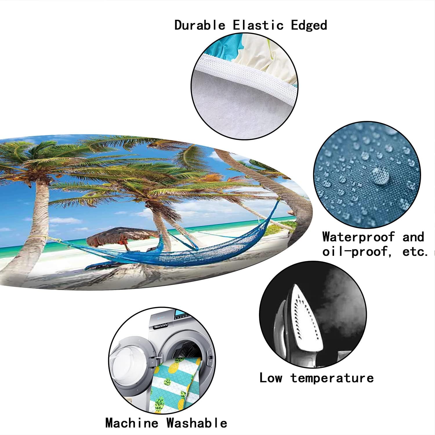 Beach Pattern Round Table Cover,Elastic Edge,Suitable for Catering and Kitchen Can Wipe Dining Round Table coverr,Blue Coconut,for 45" to 56" Round Tables