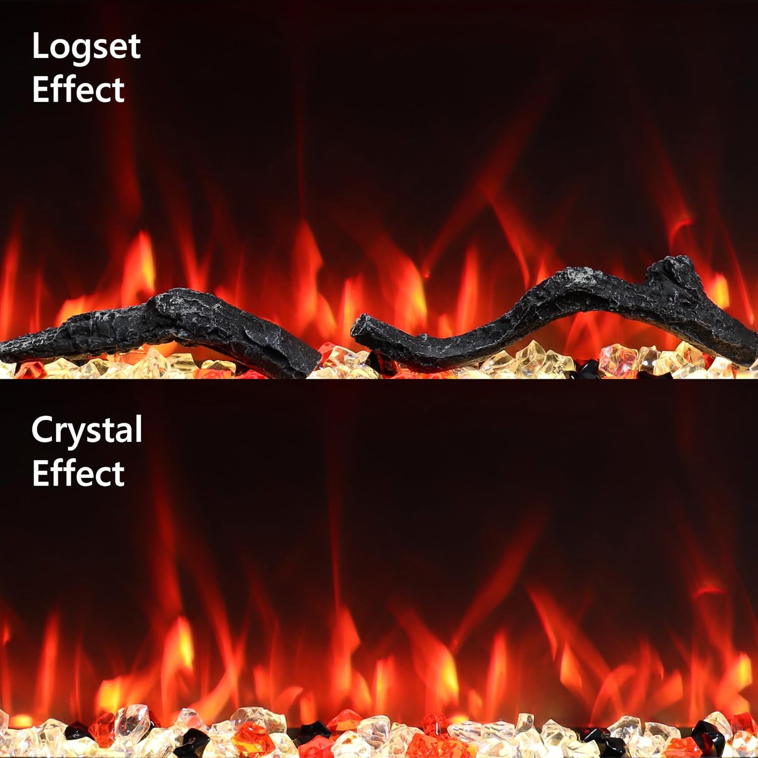 Close-up image showing the logset effect and crystal effect fuel beds with flames.