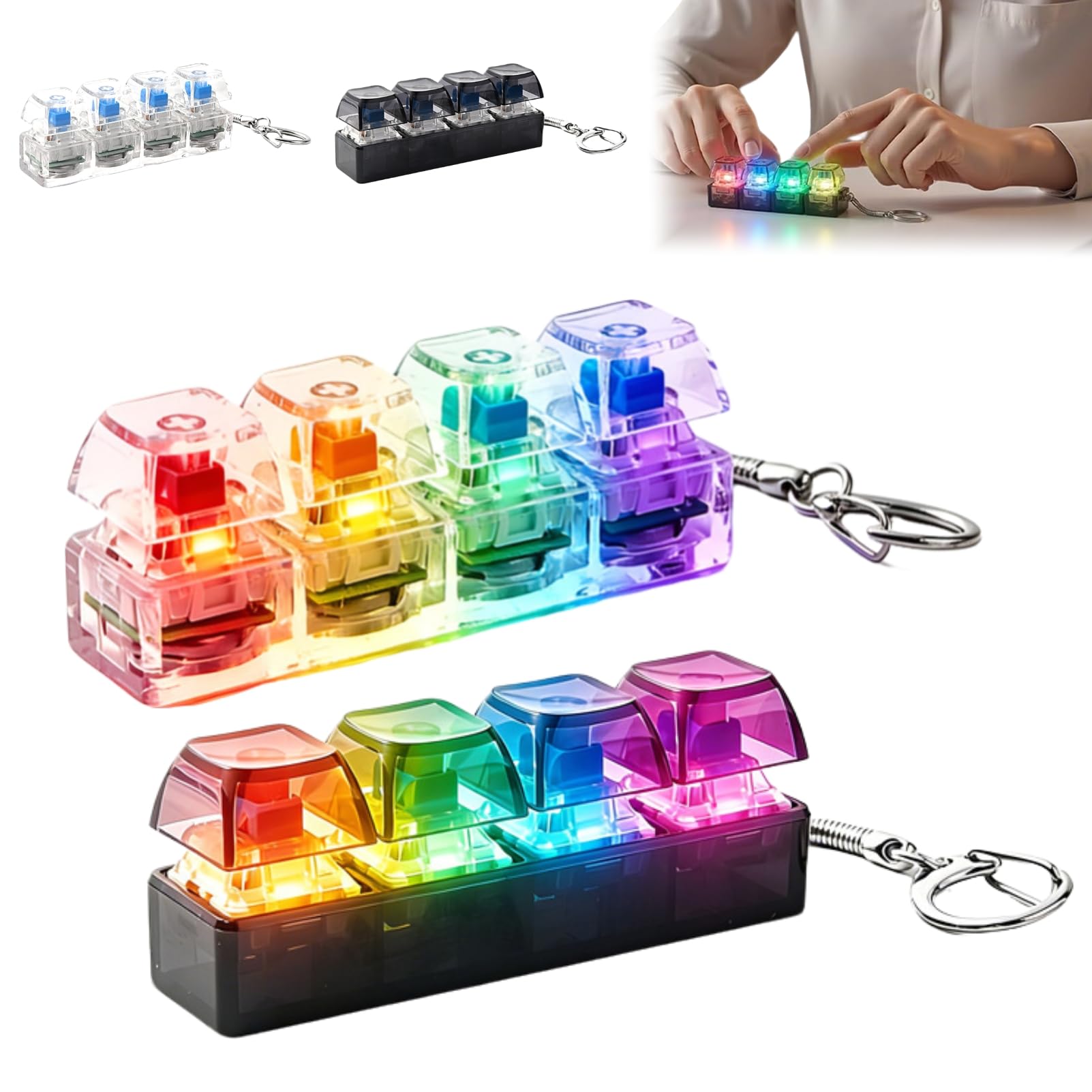 Clicky Keyboard Fidget Toy Light Up, Glowing Keyboard Fidget Toy, 4 Button Mini Keyboard Keychain Clicker Fidget, Portable Anti Stress Keyboard Fidget Keychain Toys For Adults and Kids (A+B)
