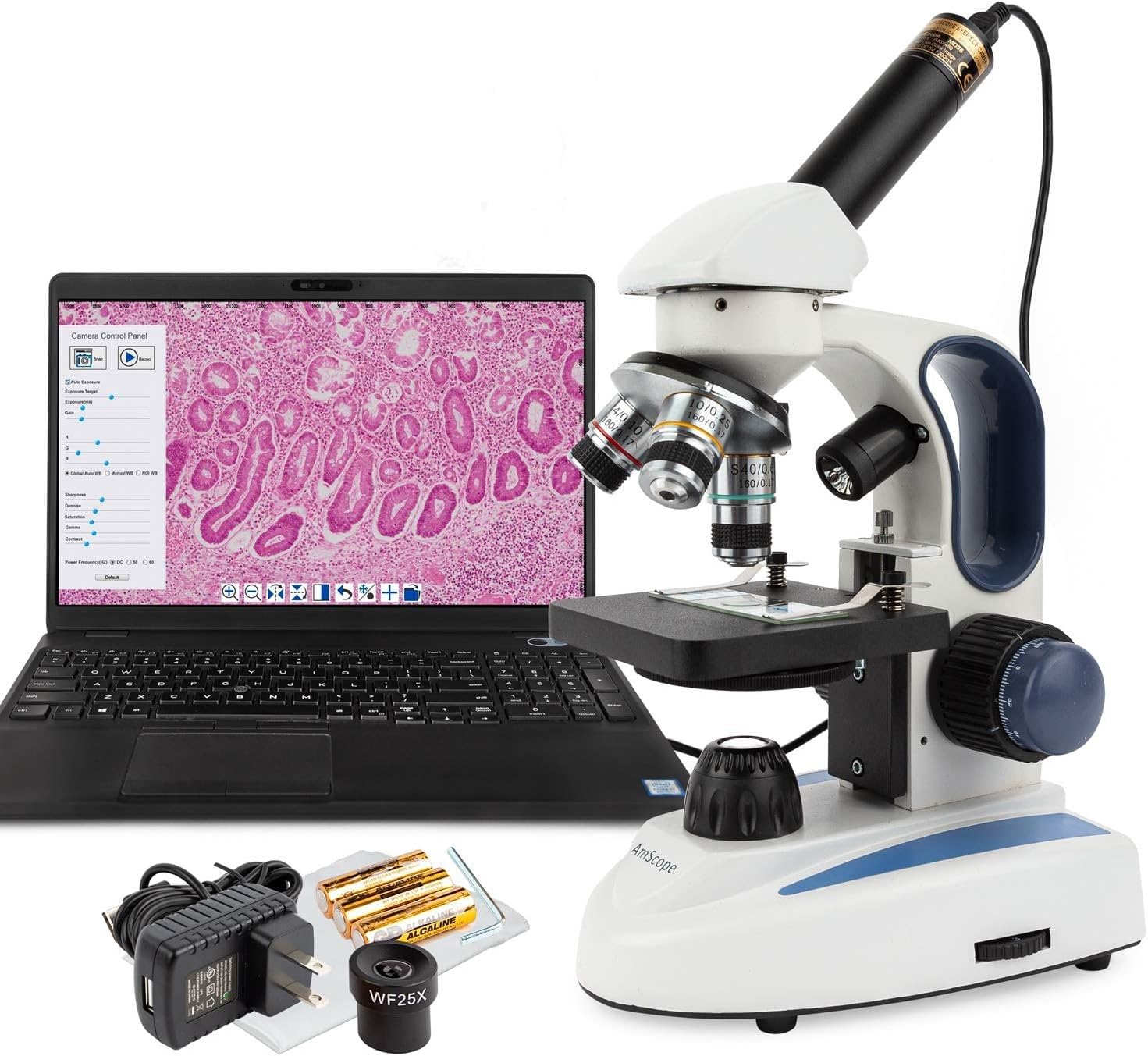 AmScope M158C-2L-E2 Compound Monocular Microscope, WF10x and WF25x Eyepieces, 40x-1000x Magnification, Upper and Lower LED Illumination, Brightfield, Single-Lens Condenser, Coaxial Coarse and Fine Focus, Plain Stage, 110V, Includes 2MP Camera and Software