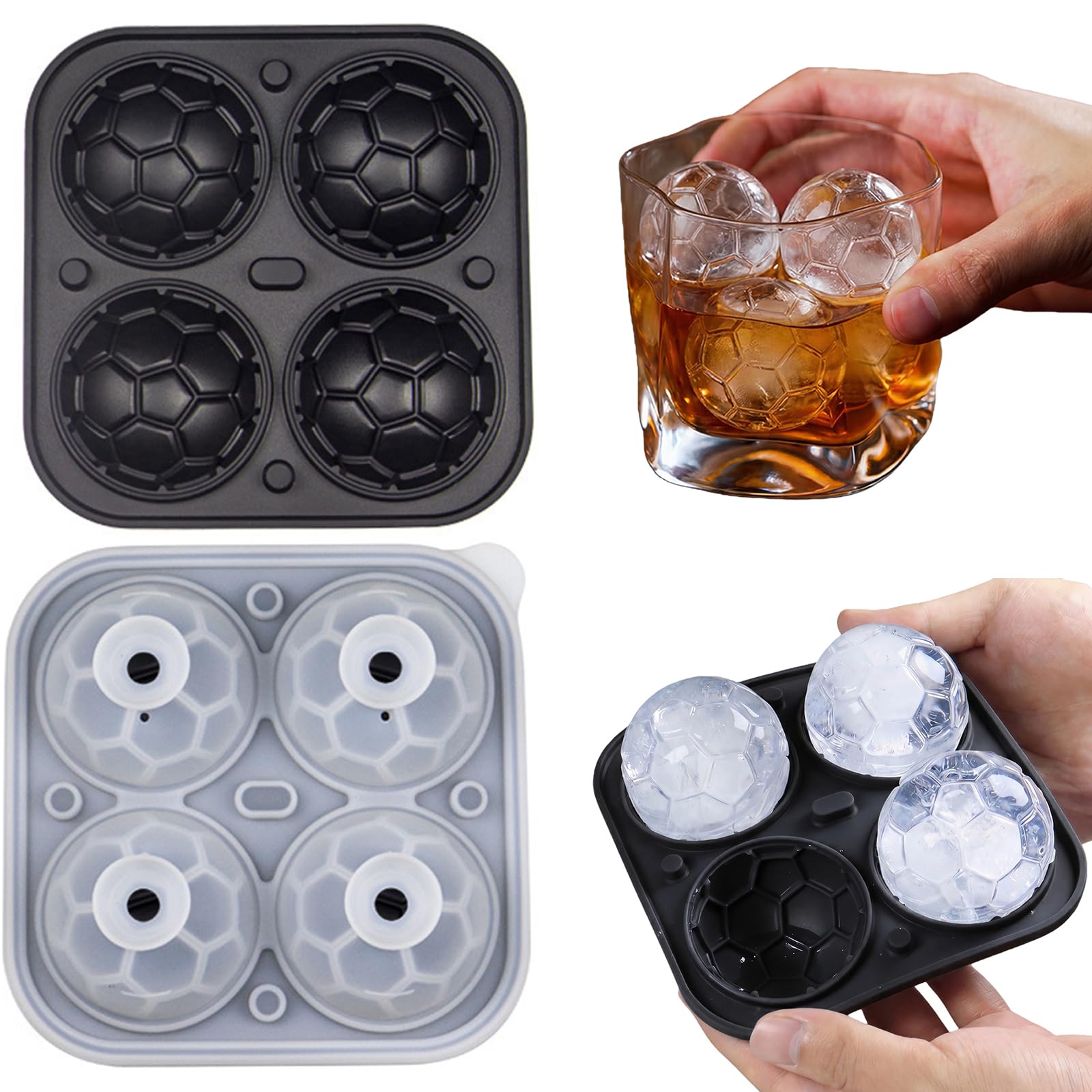 Fußballformen Eiswürfelform Silikon mit Deckel 4 Mulden Große Eiskugeln für Cocktails und Getränke